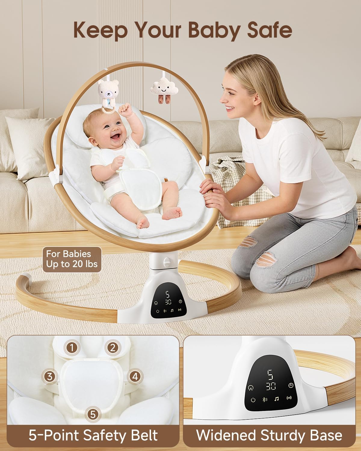 PRVAETU Baby Swing for Infants,5 Speeds,10 Lullabies,5-Point Harness,Electric Rocking Chair for Toddlers with Bluetooth,Remote Control,Touch Panel