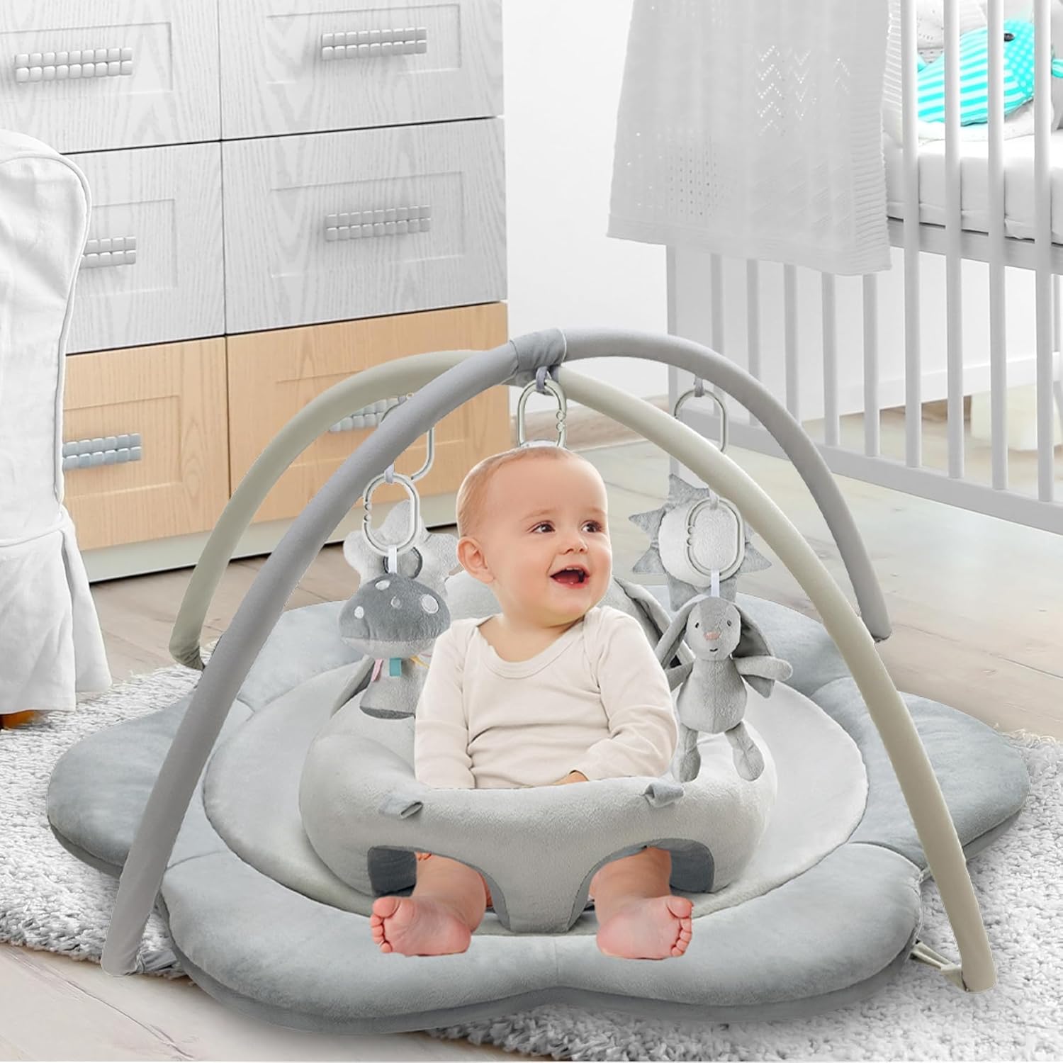 PRVAETU Baby Gym Play Mat, Sitting-up Babies Seats for Infants,with 5 Detachable Toys, Infant Toddler Activity Tummy Time Playmats for Newborn 0-12 Months