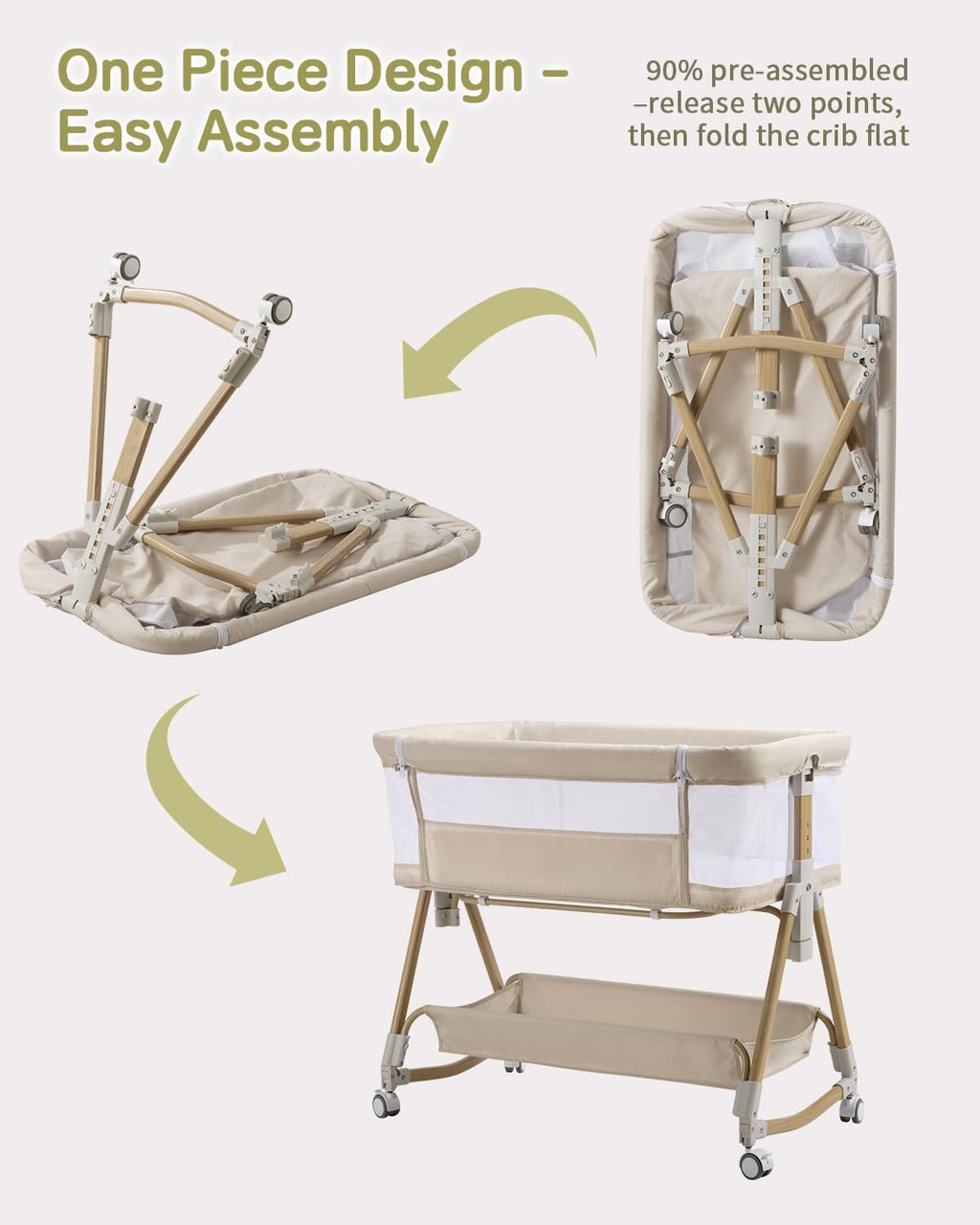 PRVAETU Baby Bassinet, 3-in-1 Baby Bassinet Bedside Sleeper with Wheels, Adjustable Easy Folding Portable Rocking Crib for Infant Newborn (Khaki)