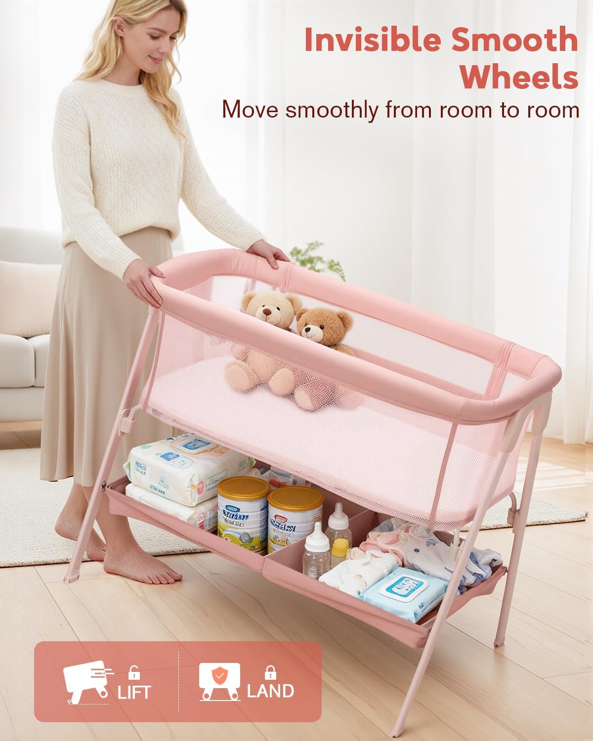 PRVAETU Baby Bassinet, Bedside Bassinet for Baby, Bassinet Bedside Sleeper with Mattress, Storage Basket and 4 Auto-Lock Wheels, Full-Mesh Sides, Bedside Crib for Newborn