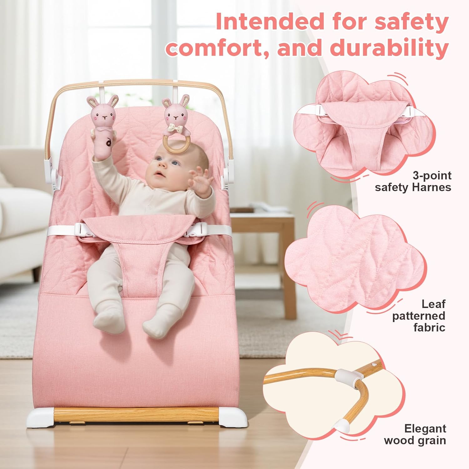 PRVAETU 3 in 1 Baby Bouncer (Sit, Play & Relax),3 Recline Positions,Foldable Baby Rocker Chair W/ Removable Wooden Bar for 0-12 Months Infant & Toddler