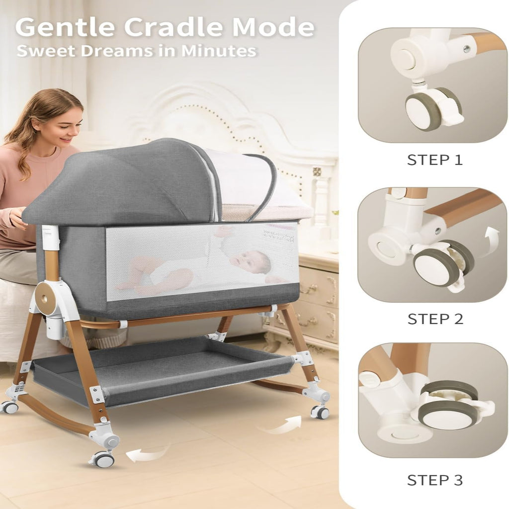 PRVAETU 4 in 1 Baby Bassinet Bedside Sleeper W/ Wheels,Storage Basket,Adjustable 7 Heights,Mosquito Net,Breathable Mesh Cradle for Infants Toddler