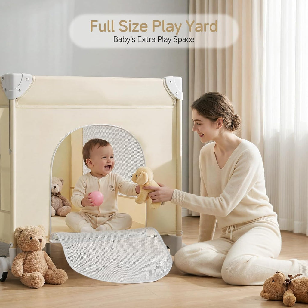PRVAETU 4 in 1 Baby Bassinet for Baby, Bedside Bassinet & Crib Sleeper with Wheels, Diaper Changer, Mattress, Foldable Design for Newborn to Toddler