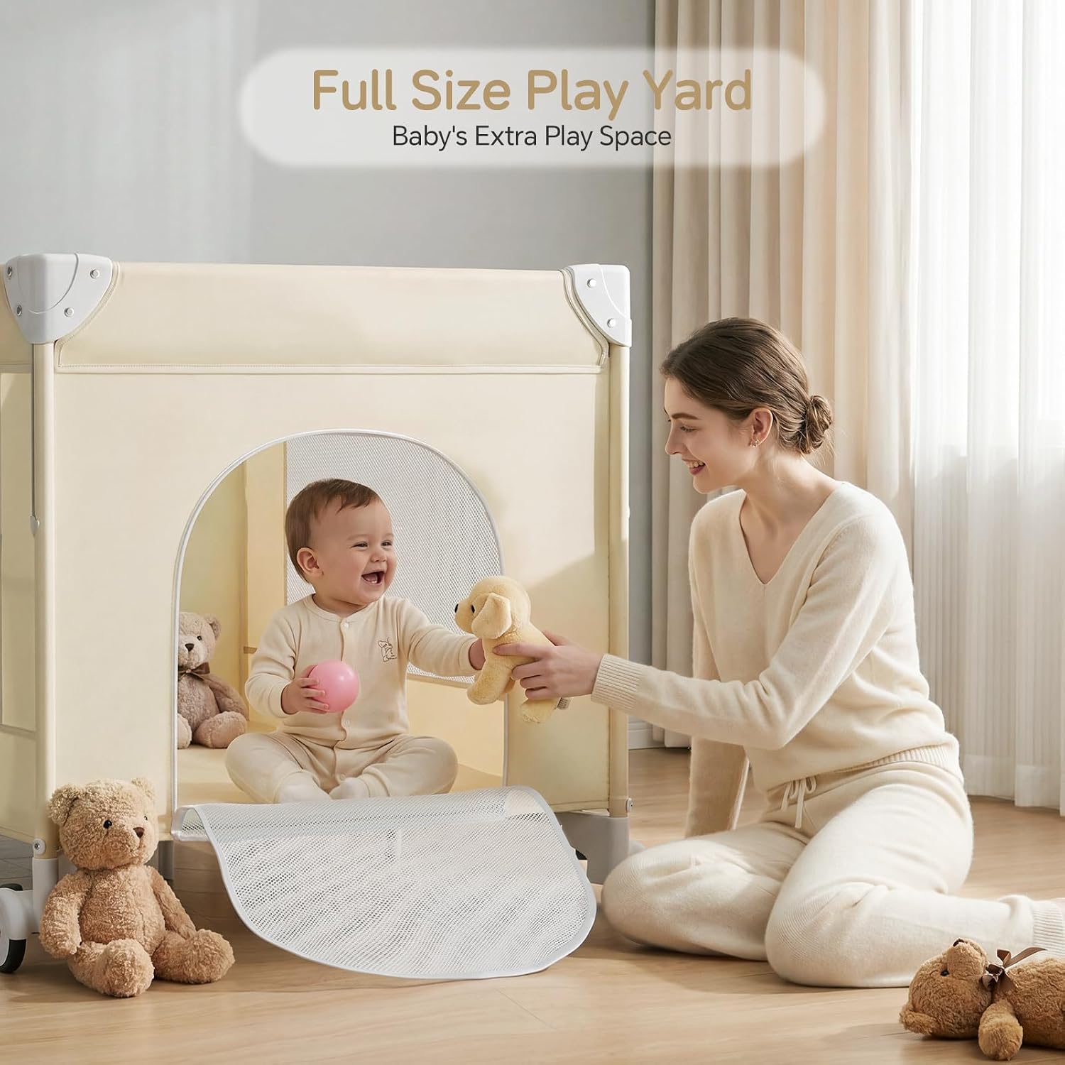 PRVAETU 4 in 1 Baby Bassinet for Baby, Bedside Bassinet & Crib Sleeper with Wheels, Diaper Changer, Mattress, Foldable Design for Newborn to Toddler