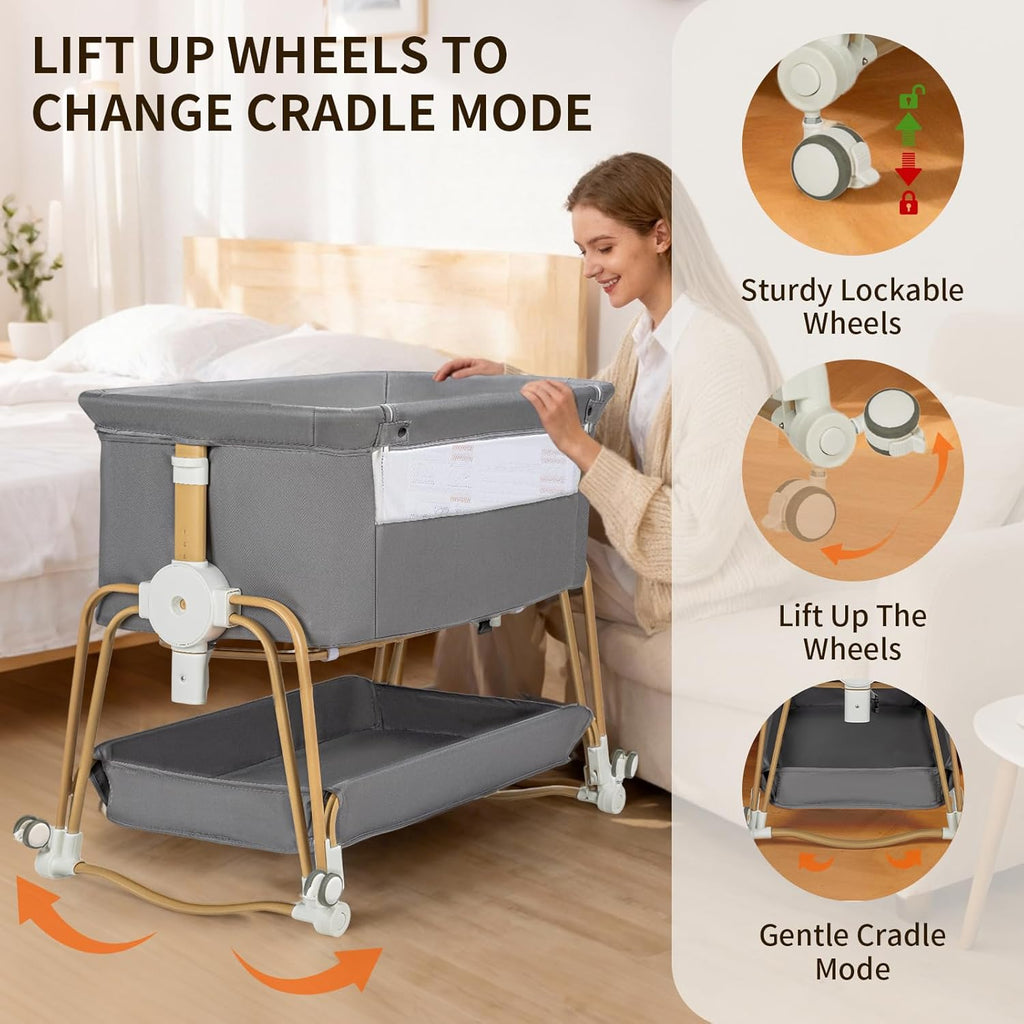 PRVAETU 4-in-1 Baby Bassinet & Bedside Sleeper for Babies, 7-Level Height Adjustable, Wheels with Storage Basket, Breathable Mesh,White