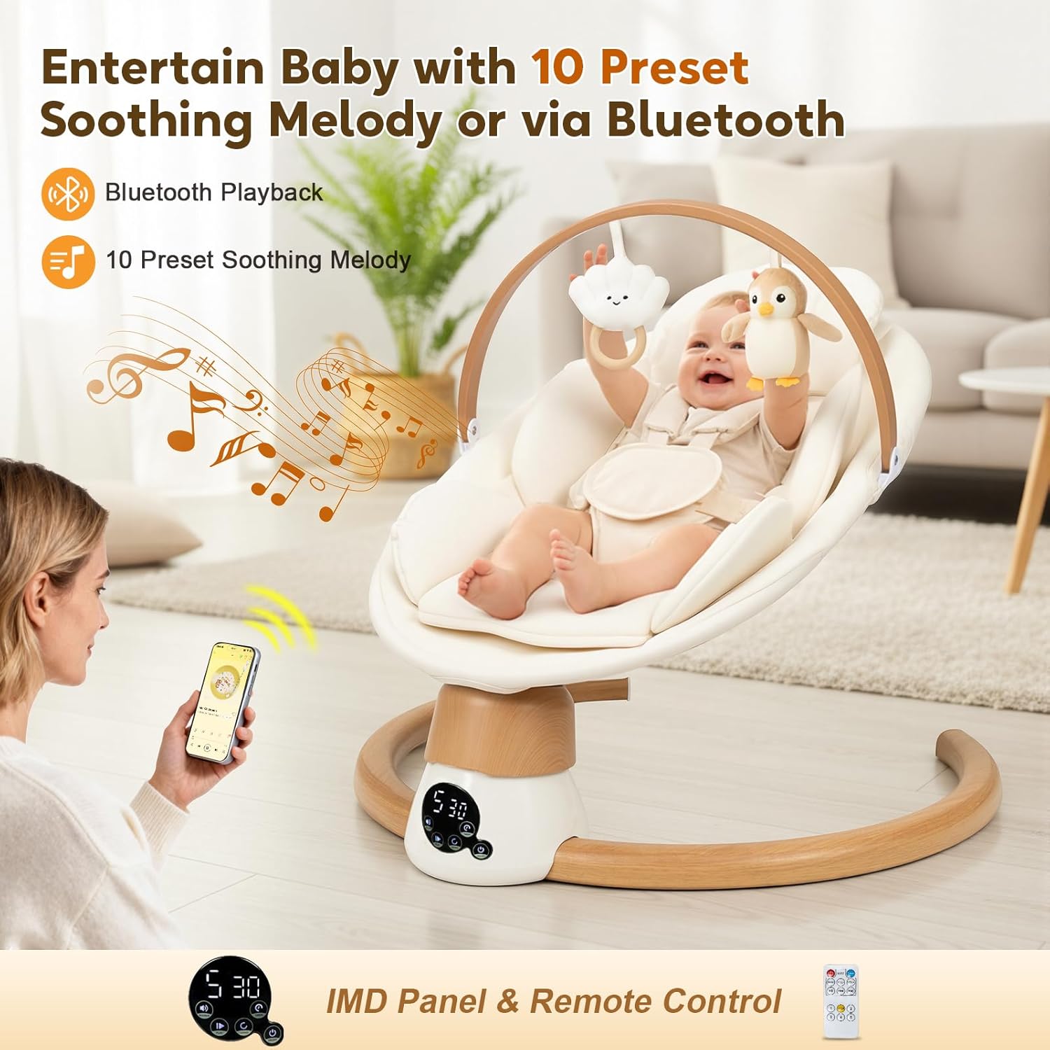 PRVAETU Electric Baby Swing for Infants, Portable Swing with Bluetooth,5 Speeds,3 Timers,10 Lullabies,5-Point Harness,Remote Control