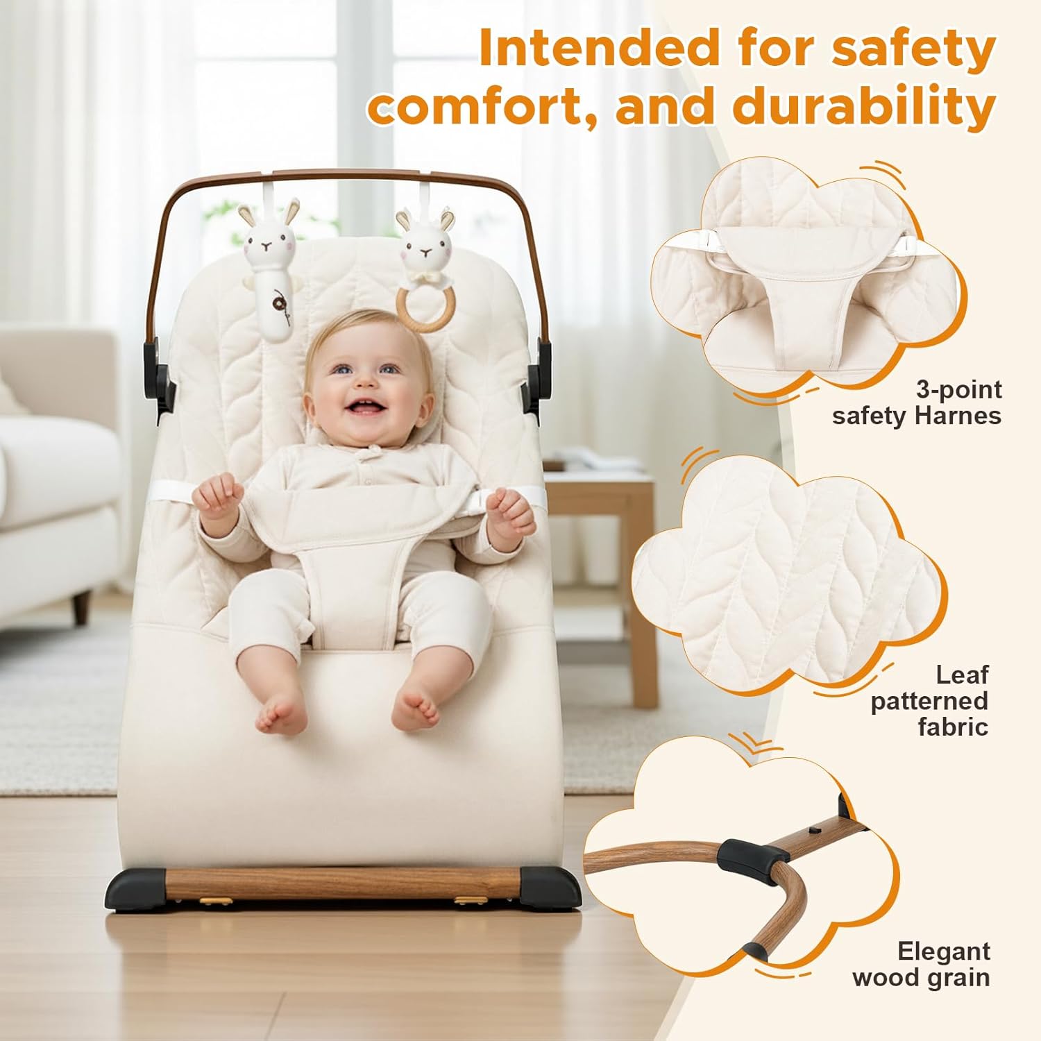 PRVAETU 3 in 1 Baby Bouncer (Sit, Play & Relax),3 Recline Positions,Foldable Baby Rocker Chair W/ Removable Wooden Bar for 0-12 Months Infant & Toddler