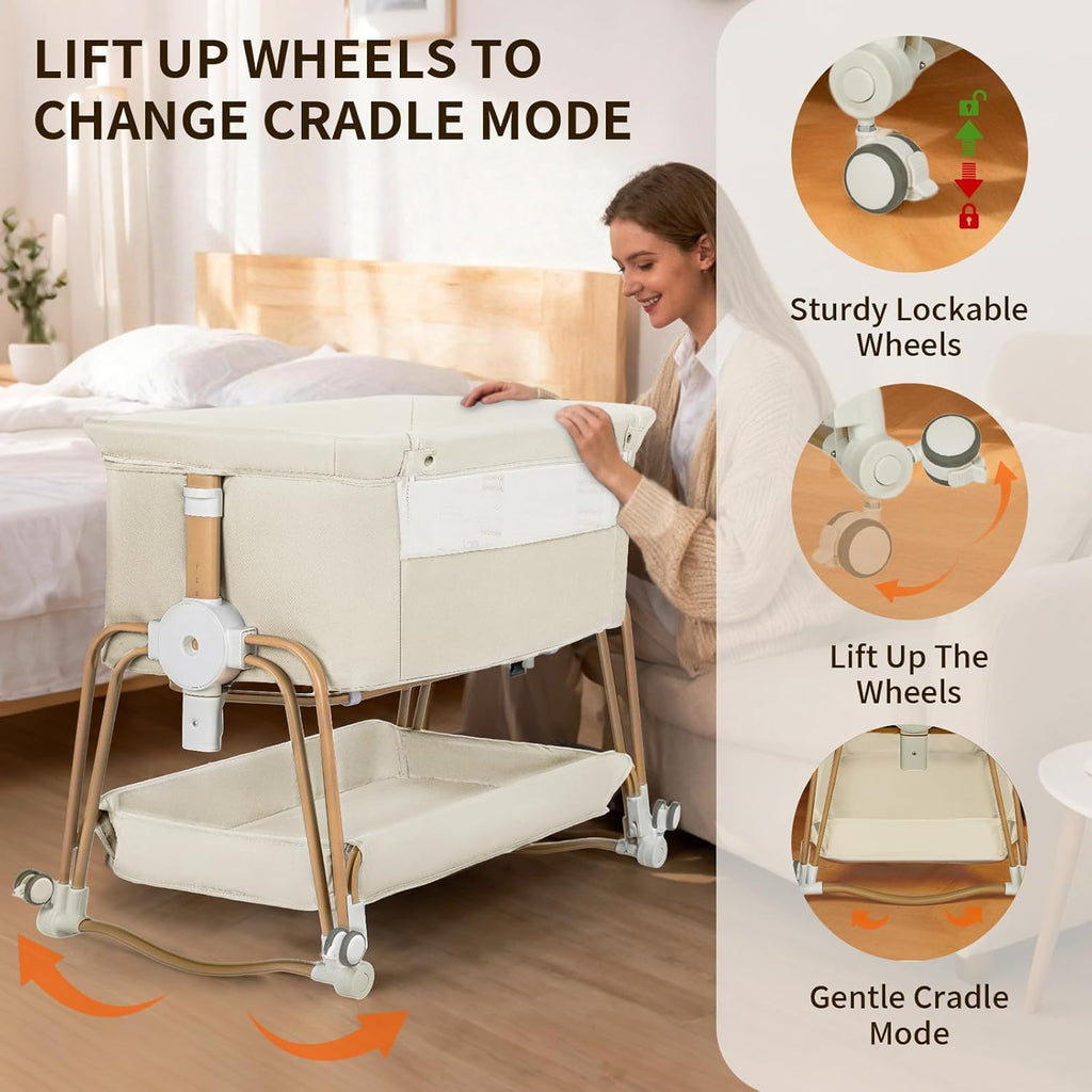 PRVAETU 4-in-1 Baby Bassinet & Bedside Sleeper for Babies, 7-Level Height Adjustable, Wheels with Storage Basket, Breathable Mesh,White