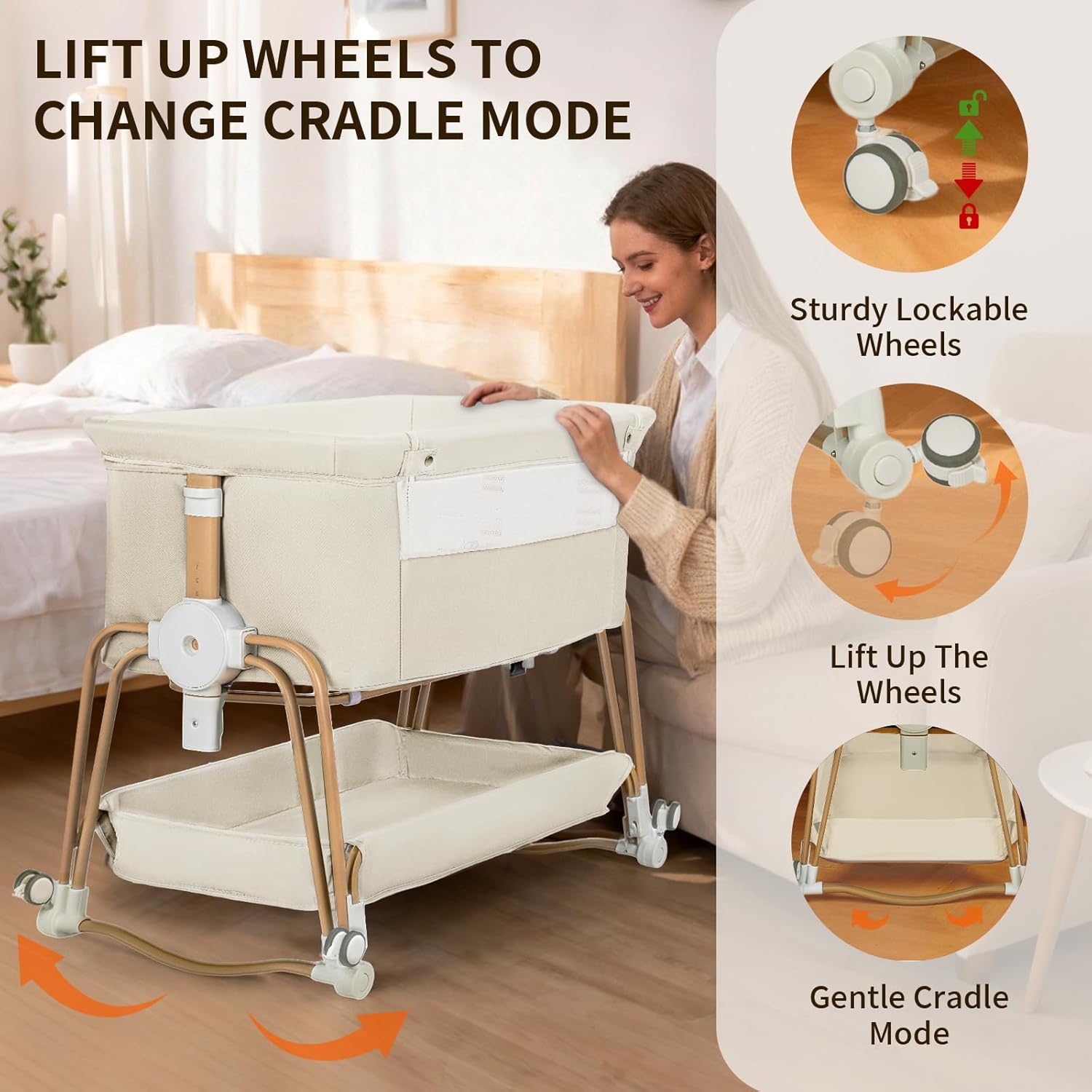 PRVAETU 4-in-1 Baby Bassinet & Bedside Sleeper for Babies, 7-Level Height Adjustable, Wheels with Storage Basket, Breathable Mesh,White