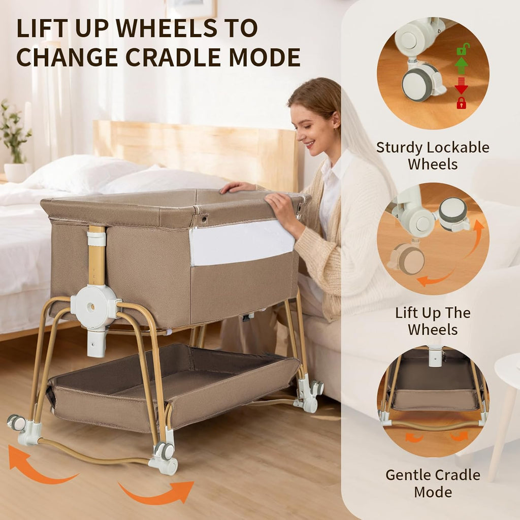 PRVAETU 4-in-1 Baby Bassinet & Bedside Sleeper for Babies, 7-Level Height Adjustable, Wheels with Storage Basket, Breathable Mesh,White