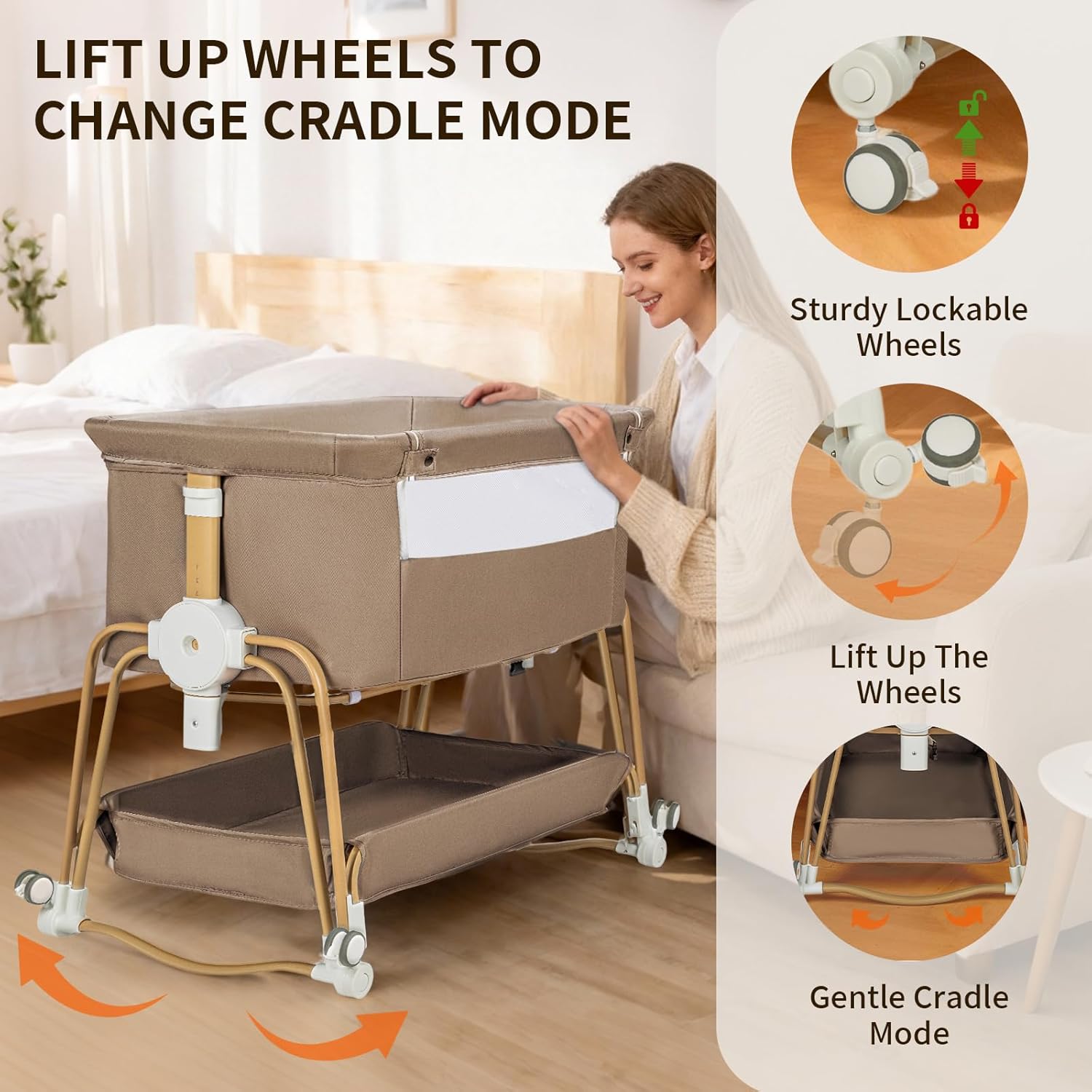 PRVAETU 4-in-1 Baby Bassinet & Bedside Sleeper for Babies, 7-Level Height Adjustable, Wheels with Storage Basket, Breathable Mesh,White