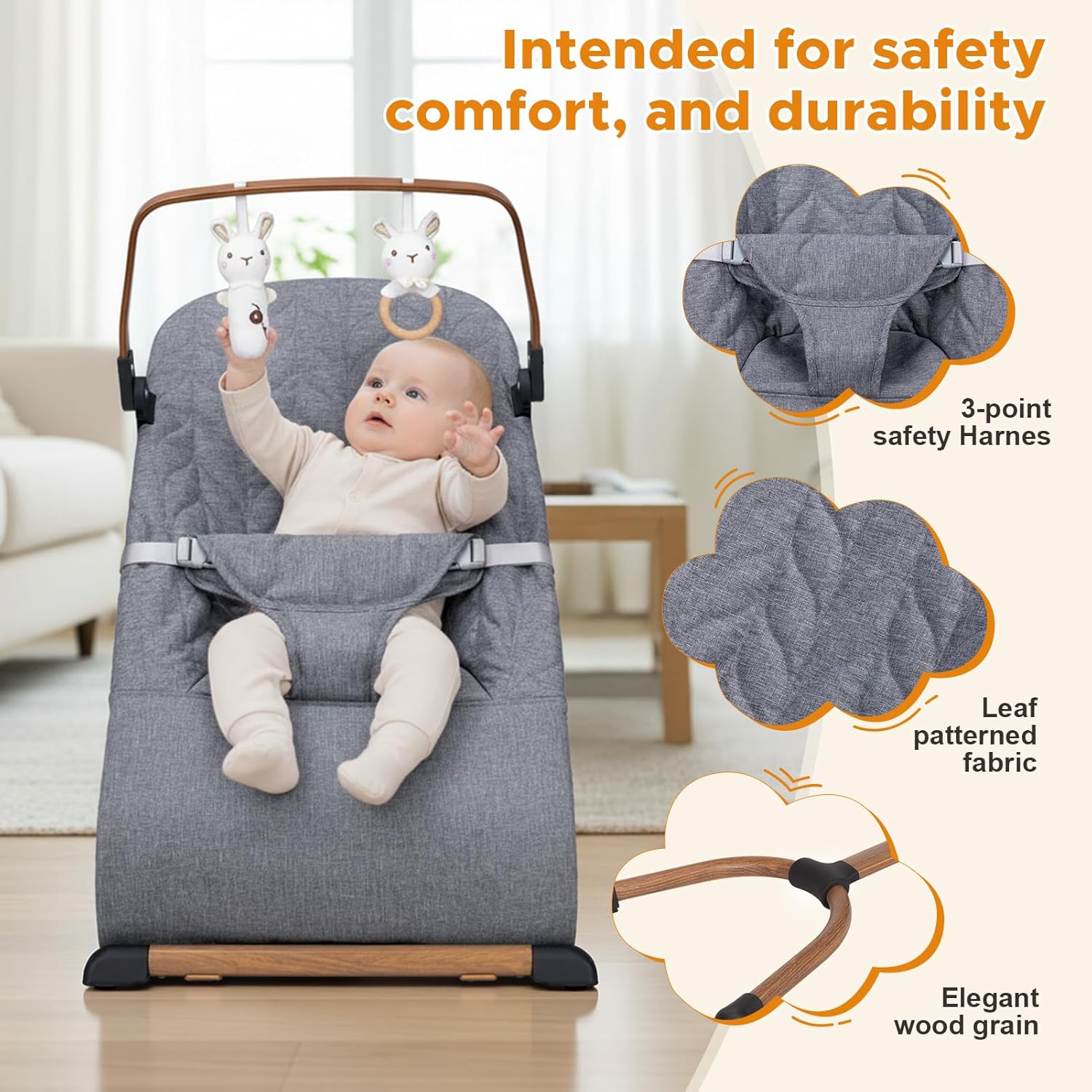 PRVAETU 3 in 1 Baby Bouncer (Sit, Play & Relax),3 Recline Positions,Foldable Baby Rocker Chair W/ Removable Wooden Bar for 0-12 Months Infant & Toddler