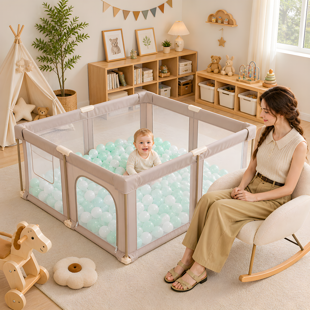 PRVAETU 51*59 Foldable Baby Playpen & Playard with Mat for Boys Girls
