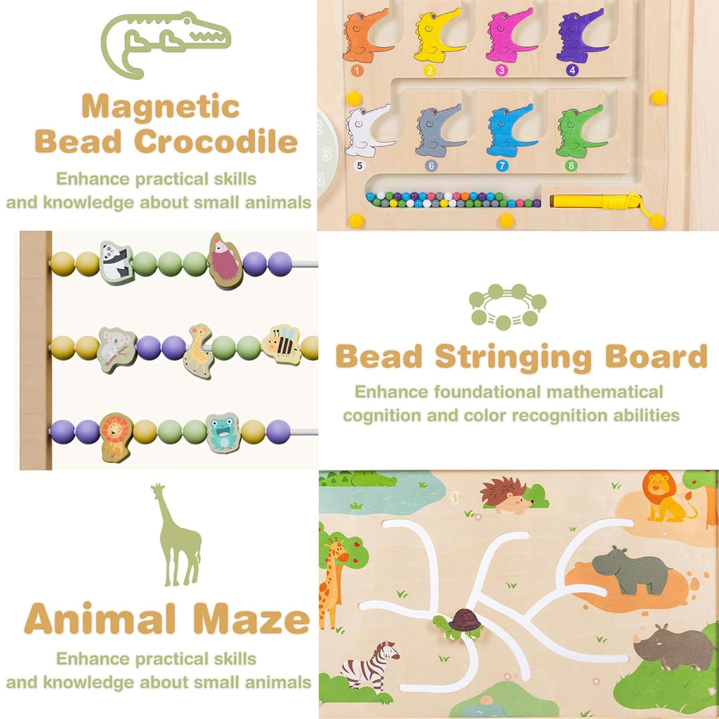 PRVAETU Foldable Wooden Baby Playpen with 2 Game Boards for Infant Girls & Boys, 10+ Toy Set, Large Play Yard Fence W/ Gate for Toddlers