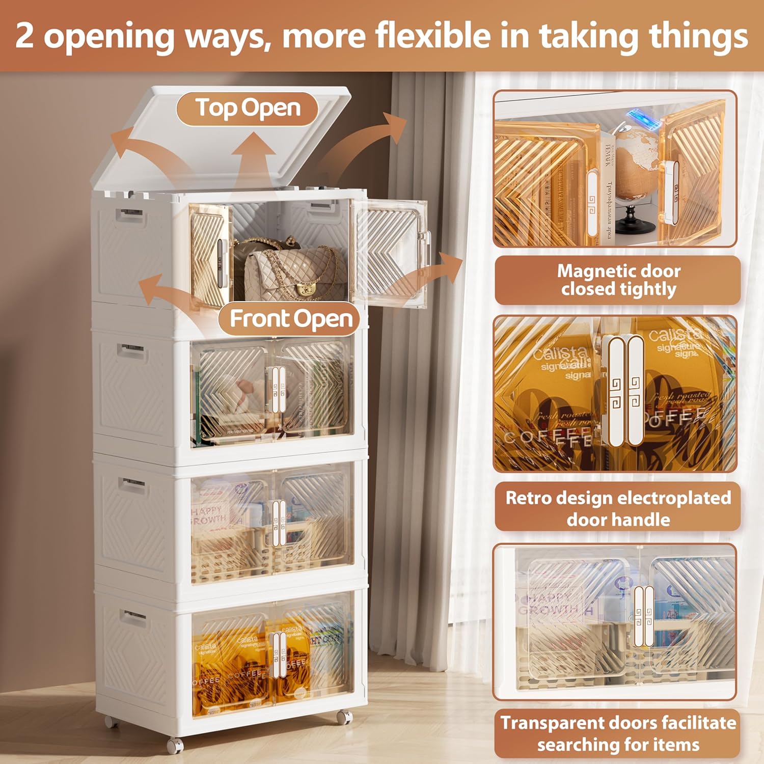 PRVAETU Storage Bins Storage Containers with Wheels and Magnetic Doors, Plastic Clothes Closet Organizers and Storage Box for Home and Office