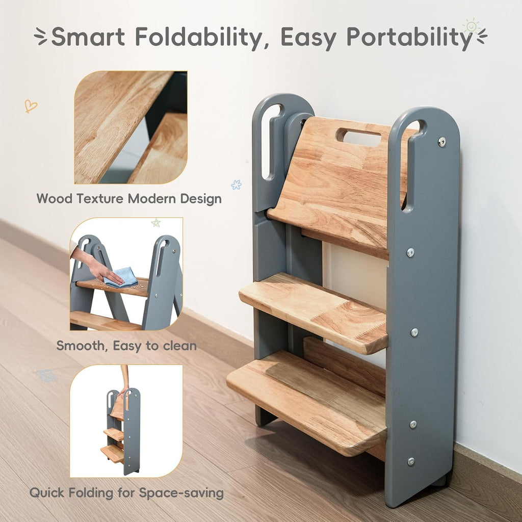 PRVAETU 3 layer Wooden Toddler Step Stool for Bathroom Sink, Foldable Kids Toilet Potty Training Stool with Handles, Child Kitchen Counter Tower Helper