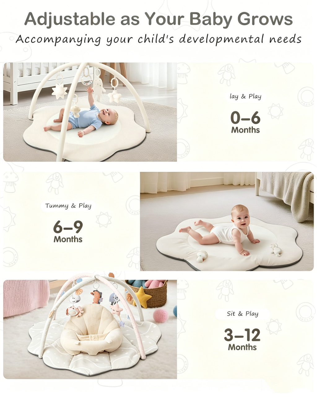 PRVAETU Baby Gym Playmat,Tummy Time Mat,Sit &amp;Play Activity Mat with 6 Detachable Toys,Washable Baby Mat &amp; Toys,Baby Gift for 0-18 Months