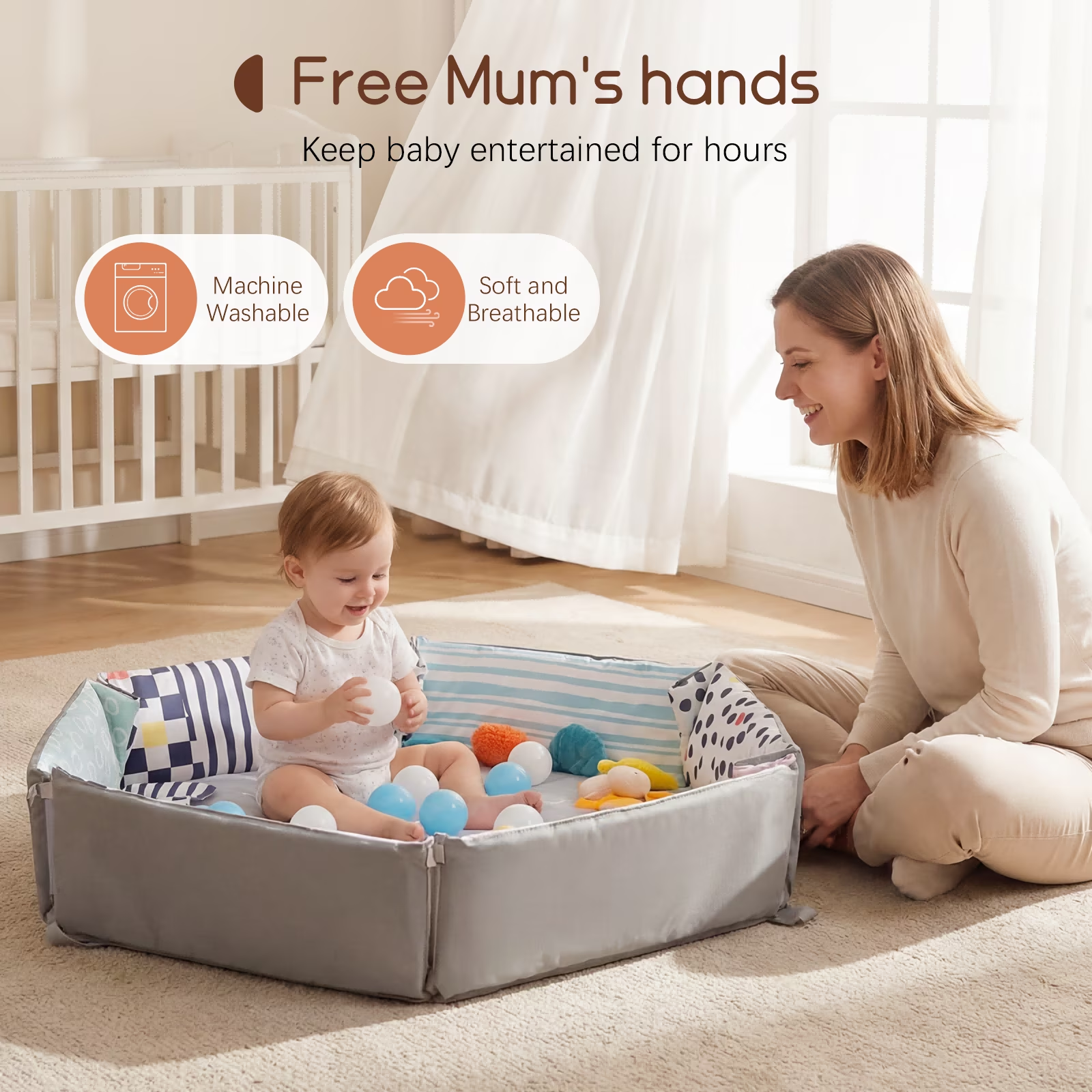 PRVAETU Baby Play Mat with Foldable Raised Edges, Wooden Gym & 6-in-1 Activity Center, Convertible Ball Pit, Sensory Playmat for Infants 6-18 Months
