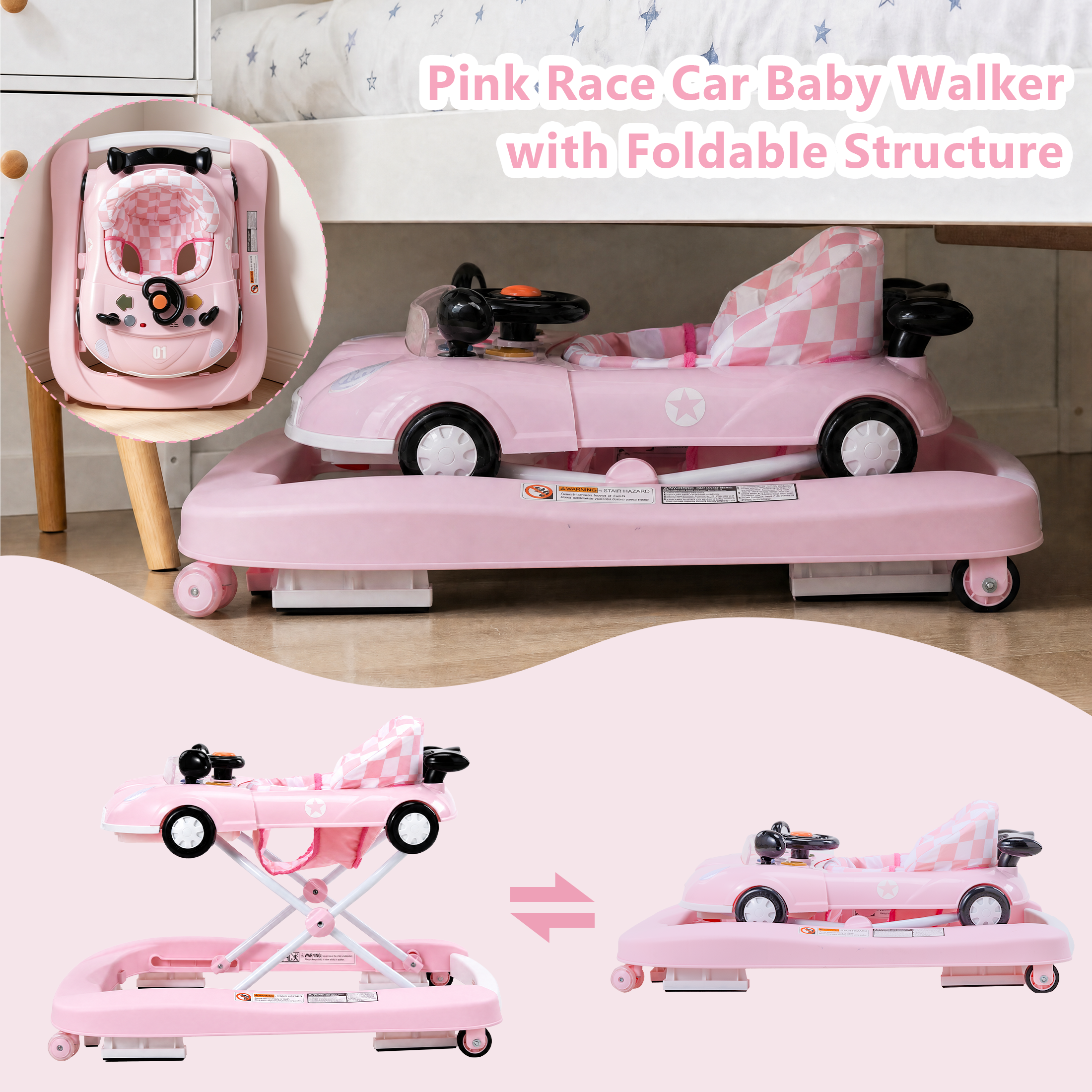 PRVAETU 5 in 1 Baby Walker Car-Shaped with Music,Lights,Foldable,Jumper,Rocking,Removable Plate for Infant Boys 6-18 Months