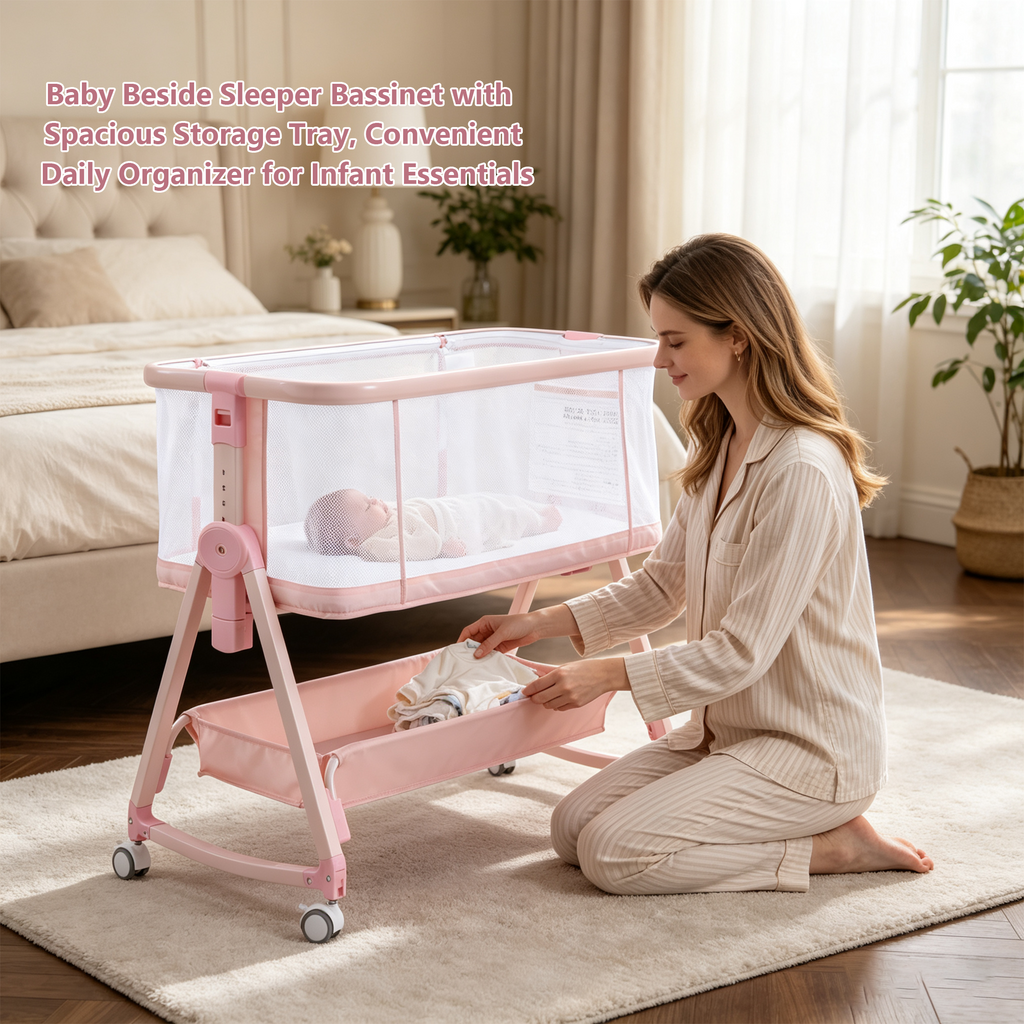 PRVAETU Baby Bassinet Bedside Sleeper, 6-Level Height Adjustable Bedside Crib with 360° Silent Lockable Wheels, Portable Bassinet for Newborns and Infants