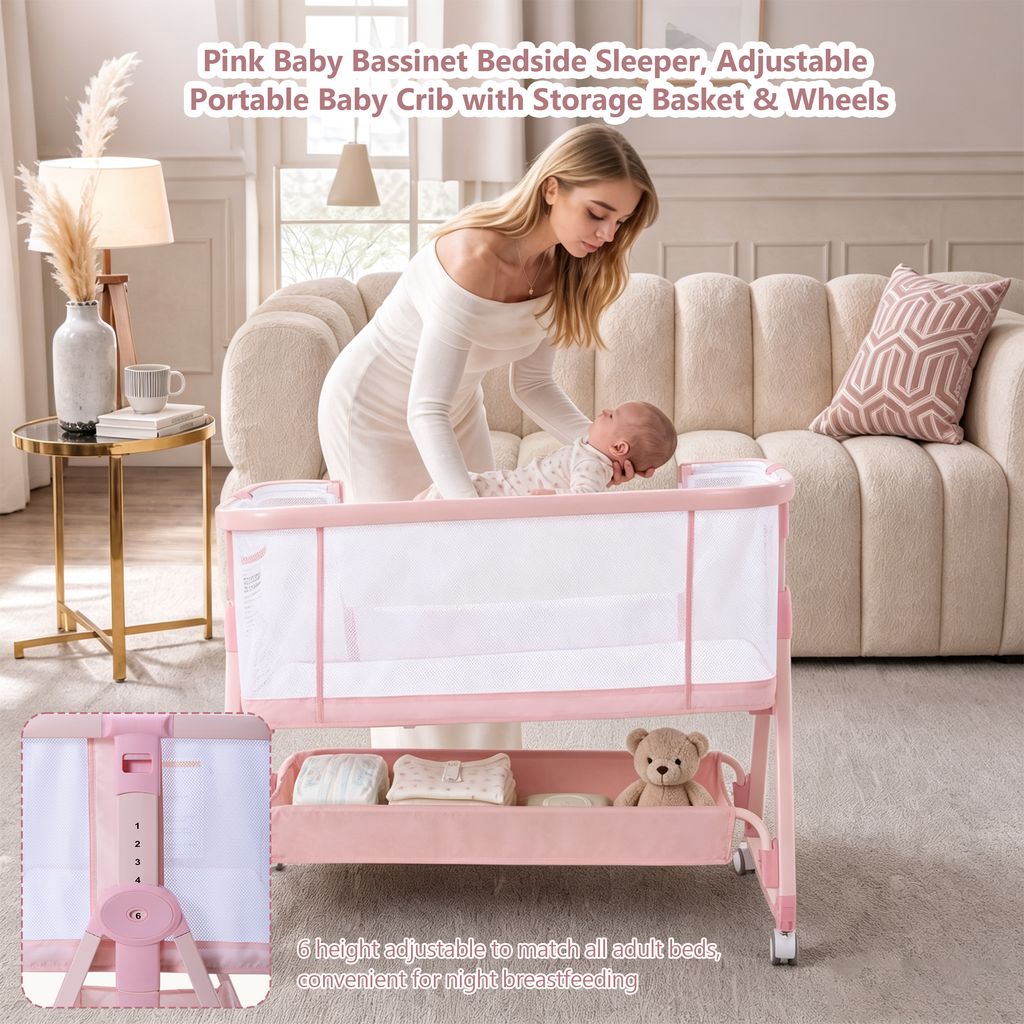 PRVAETU Baby Bassinet Bedside Sleeper, 6-Level Height Adjustable Bedside Crib with 360° Silent Lockable Wheels, Portable Bassinet for Newborns and Infants