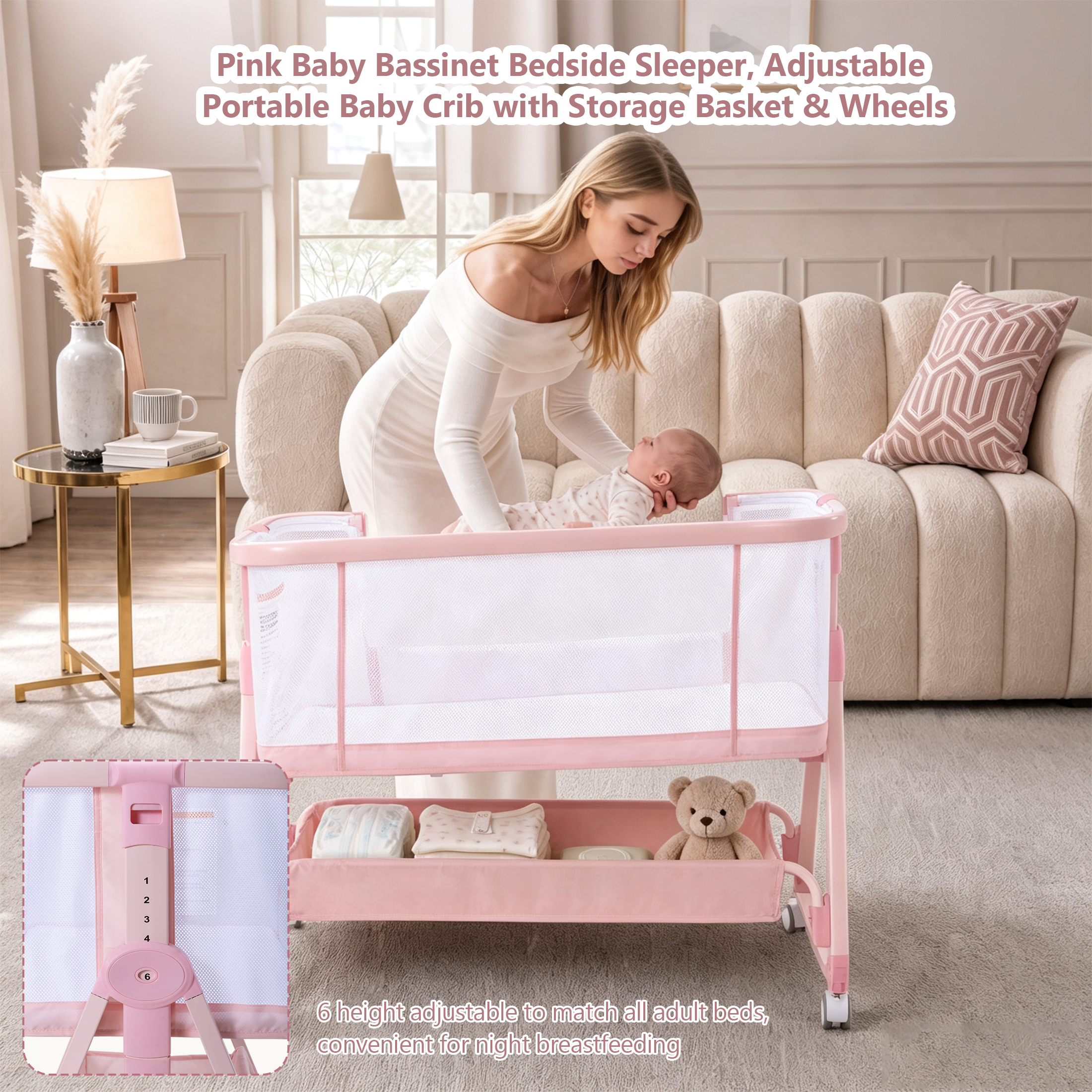 PRVAETU Baby Bassinet Bedside Sleeper, 6-Level Height Adjustable Bedside Crib with 360° Silent Lockable Wheels, Portable Bassinet for Newborns and Infants