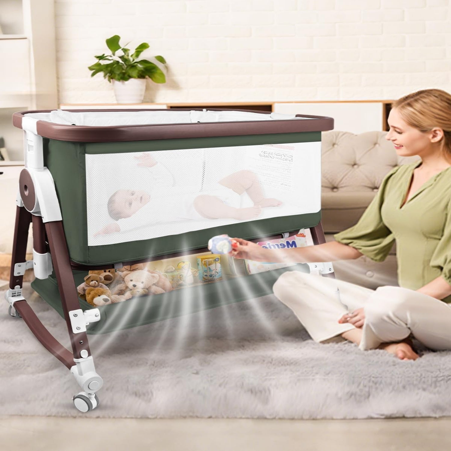 PRVAETU 4 in 1 Baby Bassinet Bedside Sleeper W/ Wheels,Storage Basket,Adjustable 7 Heights,Mosquito Net,Breathable Mesh Cradle for Infants Toddler