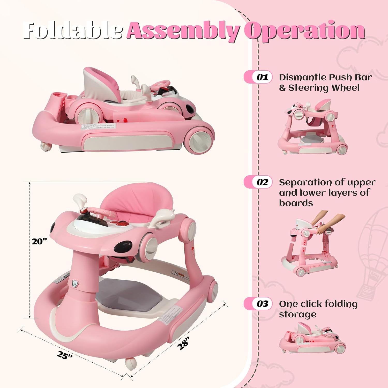 PRVAETU 5 in 1 Baby Walker for Boys Girls,Foldable,Music,Light,Jumper,Rocking,Push,Height Adjustable Training Activity for Babies Infant 6-18 Months
