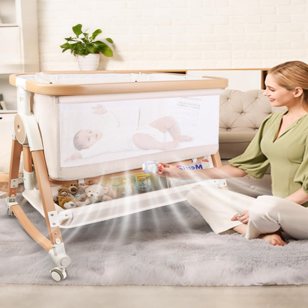 PRVAETU 4 in 1 Baby Bassinet Bedside Sleeper W/ Wheels,Storage Basket,Adjustable 7 Heights,Mosquito Net,Breathable Mesh Cradle for Infants Toddler
