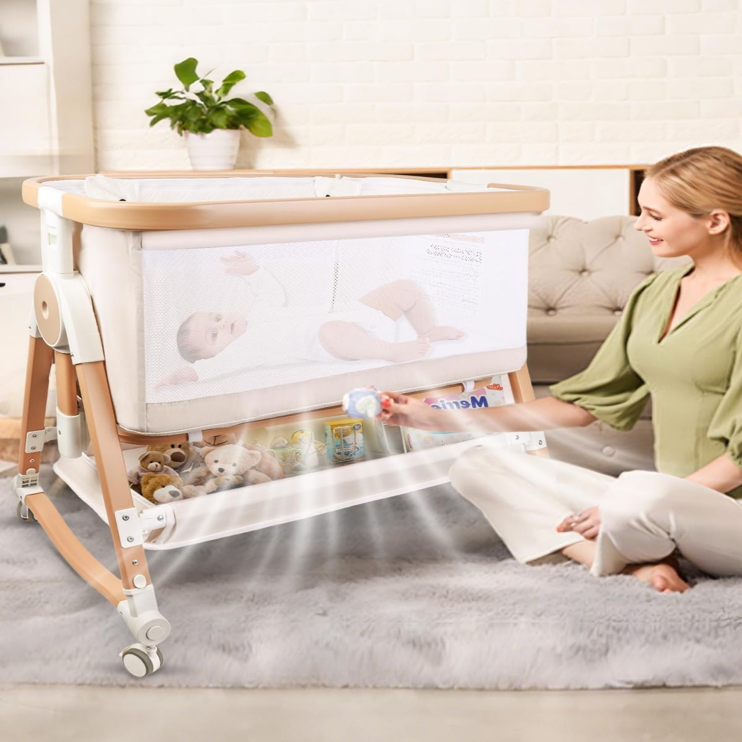 PRVAETU 4 in 1 Baby Bassinet Bedside Sleeper W/ Wheels,Storage Basket,Adjustable 7 Heights,Mosquito Net,Breathable Mesh Cradle for Infants Toddler