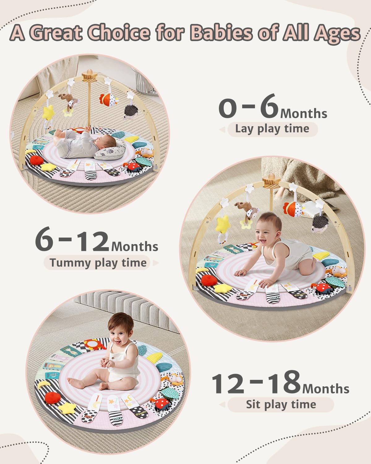 PRVAETU Wooden Baby Gym Play Mat, Foldable Tummy Time Playmat W/ 7 Detachable Toys for Infant Newborn Toddler Motor Skills Sensory Development