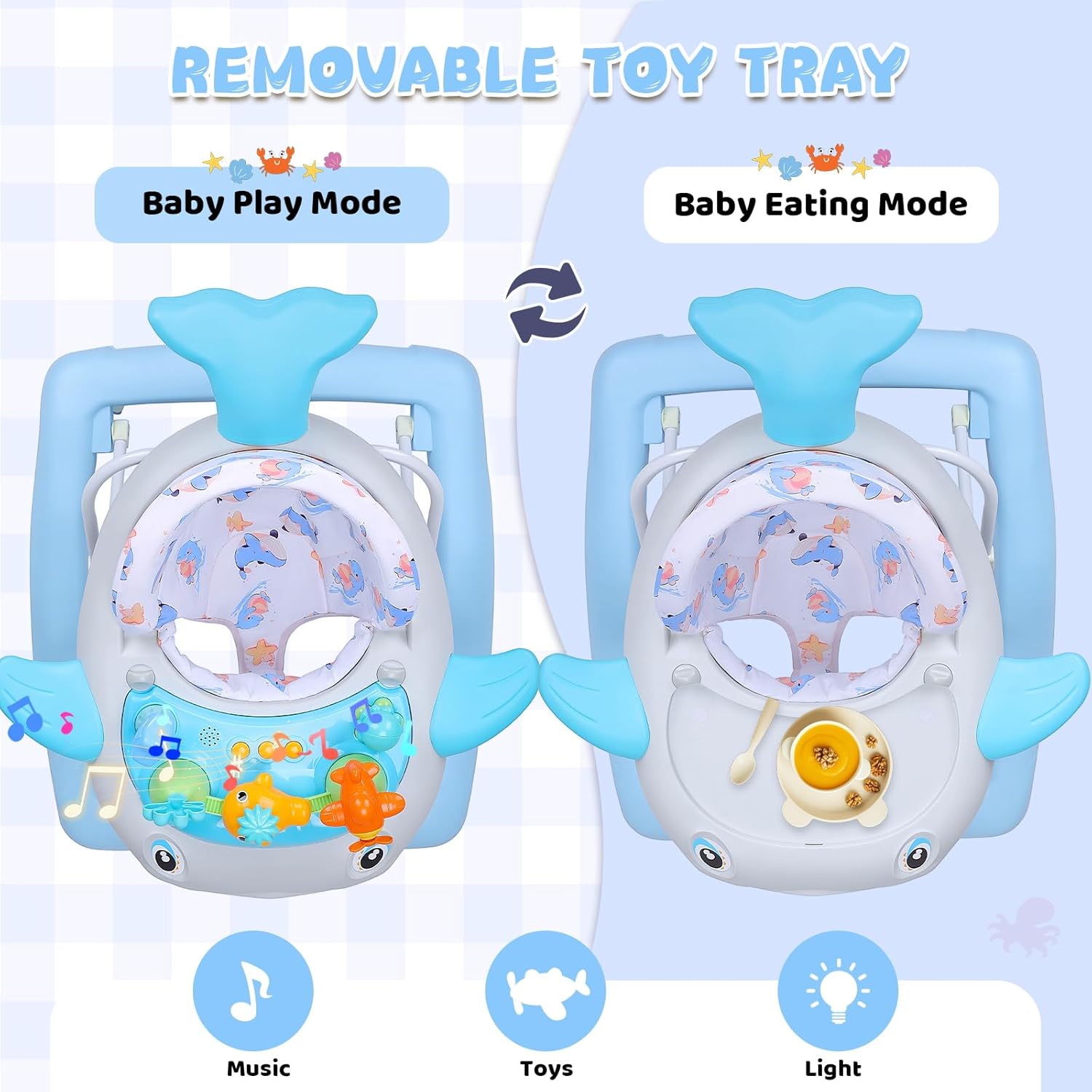 PRVAETU Baby Walker & Activity Center W/ Music & Lights,3 Adjustable Height, Anti-Rollover & Foldable Design for Infant Boy and Girl 6-18 Months