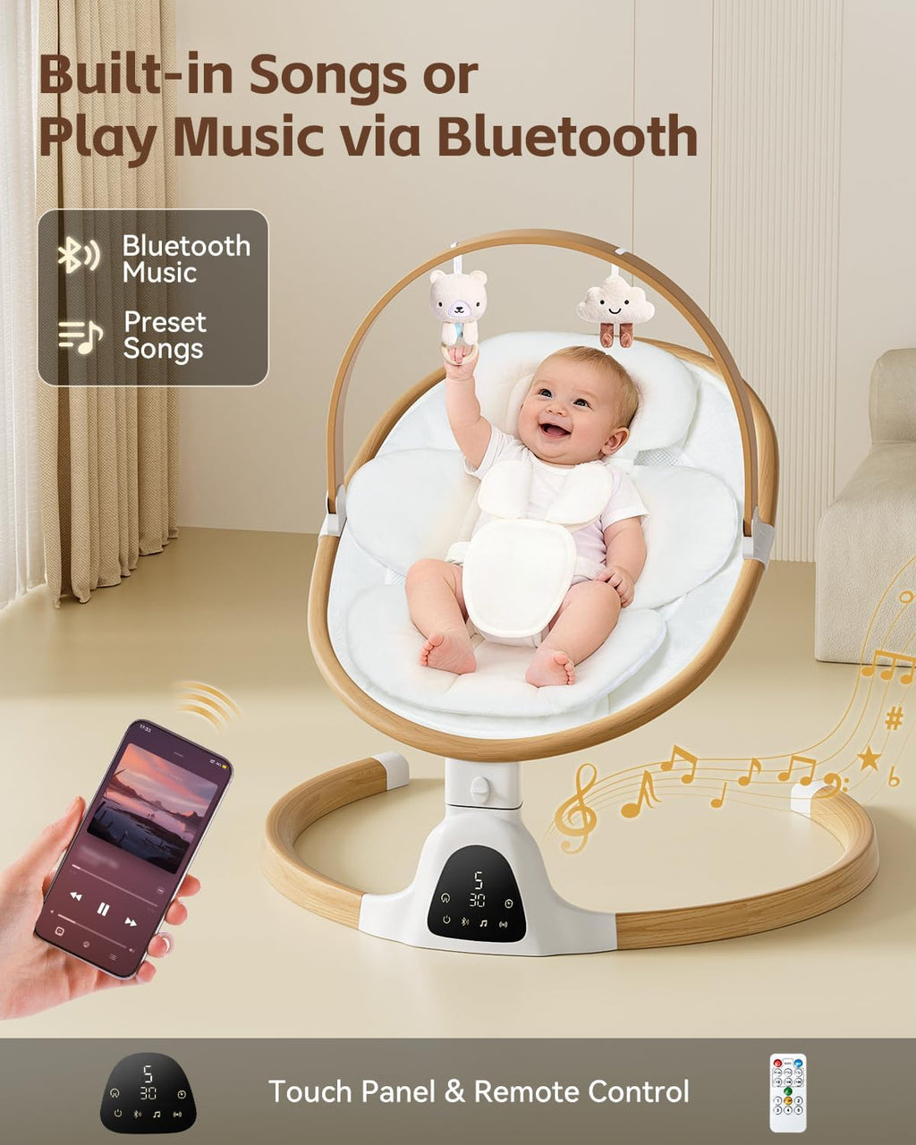 PRVAETU Baby Swing for Infants,5 Speeds,10 Lullabies,5-Point Harness,Electric Rocking Chair for Toddlers with Bluetooth,Remote Control,Touch Panel