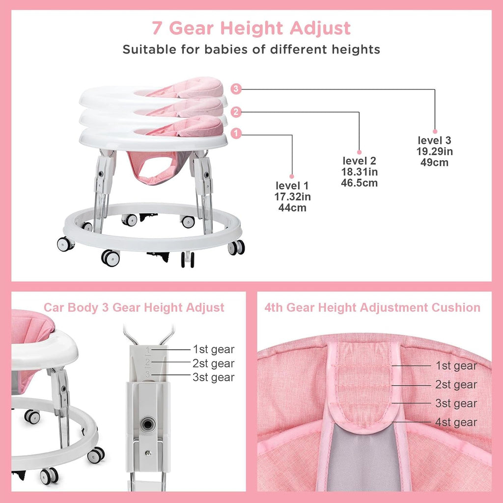 PRVAETU Foldable Baby Walker Activity Center W/ Wheels,Height Adjustable W/ Dinner Plate & Foot Pad for 6-18 Months Babies Infant Boys Girls