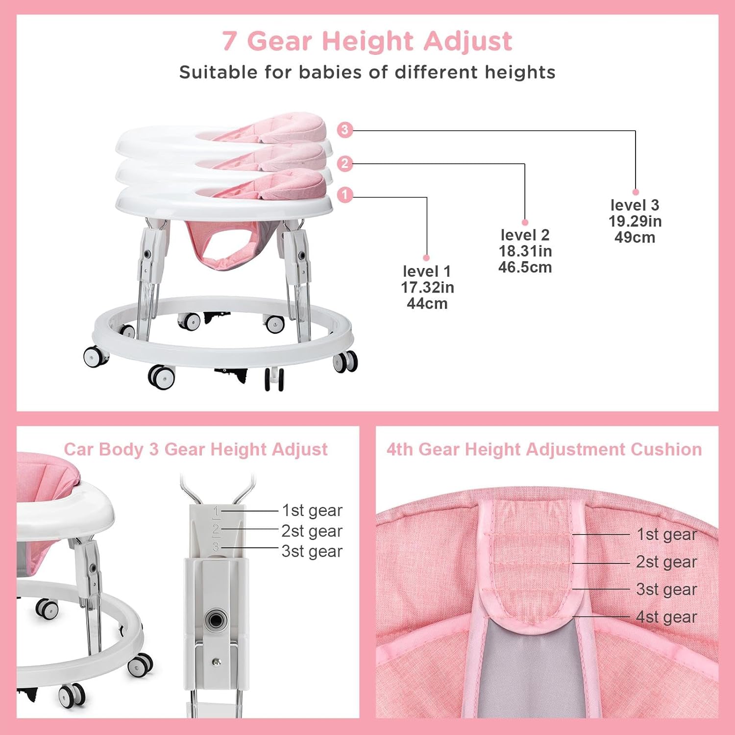 PRVAETU Foldable Baby Walker Activity Center W/ Wheels,Height Adjustable W/ Dinner Plate & Foot Pad for 6-18 Months Babies Infant Boys Girls
