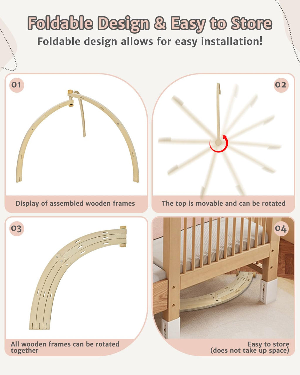 PRVAETU Wooden Baby Gym Play Mat, Foldable Tummy Time Playmat W/ 7 Detachable Toys for Infant Newborn Toddler Motor Skills Sensory Development