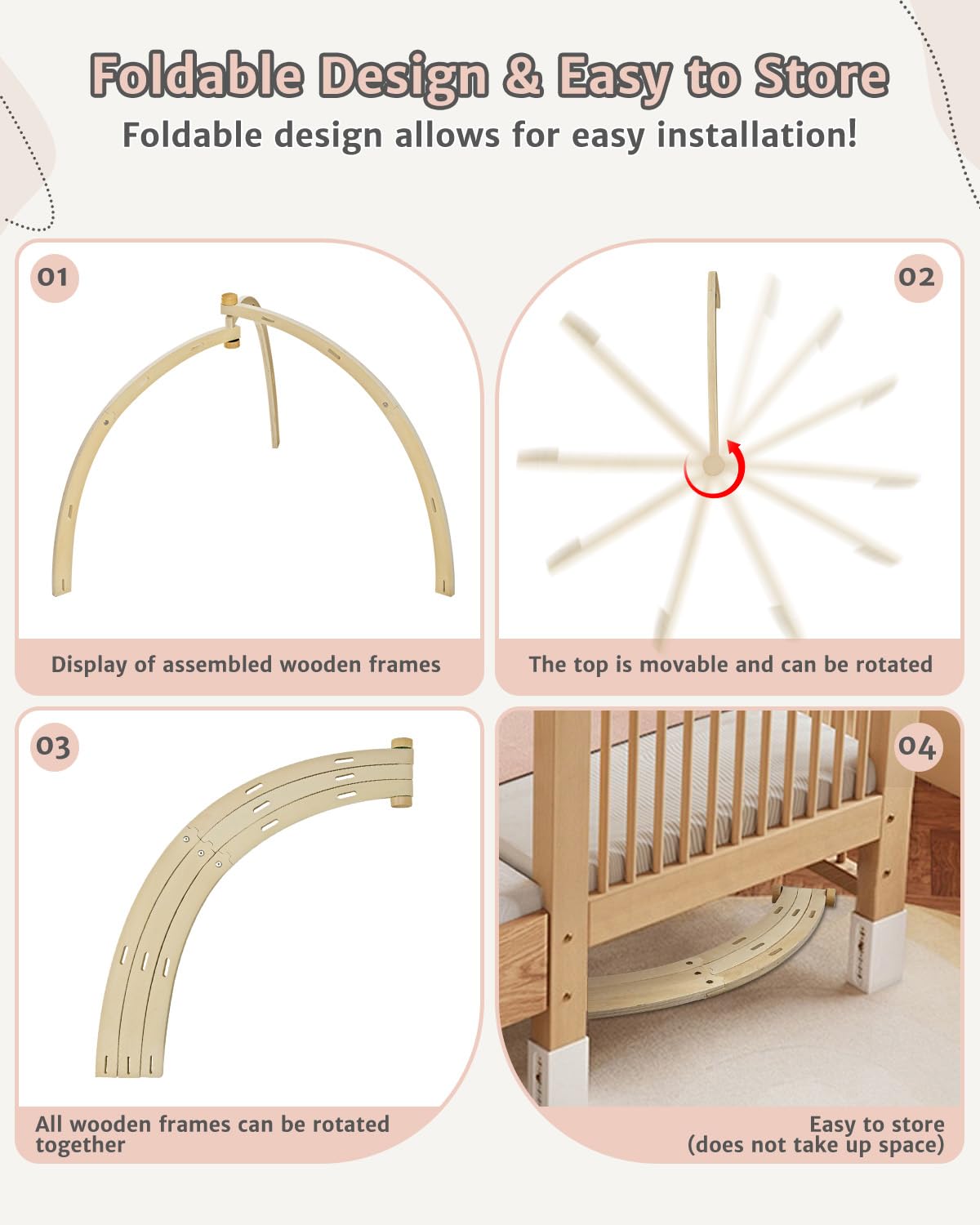 PRVAETU Wooden Baby Gym Play Mat, Foldable Tummy Time Playmat W/ 7 Detachable Toys for Infant Newborn Toddler Motor Skills Sensory Development