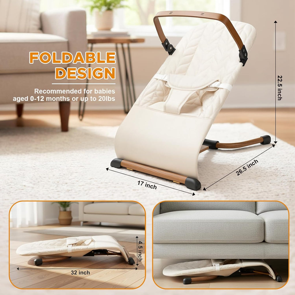 PRVAETU 3 in 1 Baby Bouncer (Sit, Play & Relax),3 Recline Positions,Foldable Baby Rocker Chair W/ Removable Wooden Bar for 0-12 Months Infant & Toddler