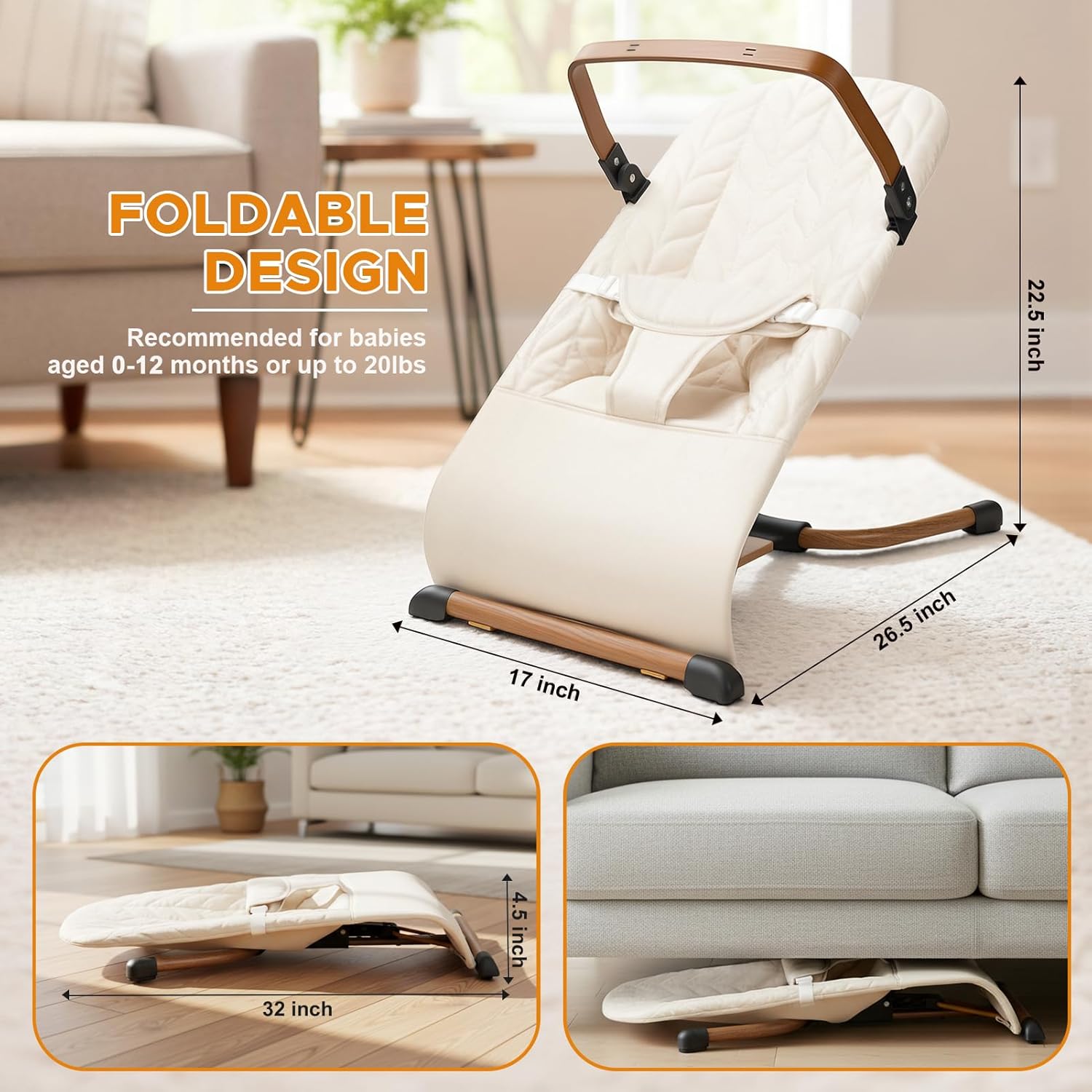 PRVAETU 3 in 1 Baby Bouncer (Sit, Play & Relax),3 Recline Positions,Foldable Baby Rocker Chair W/ Removable Wooden Bar for 0-12 Months Infant & Toddler