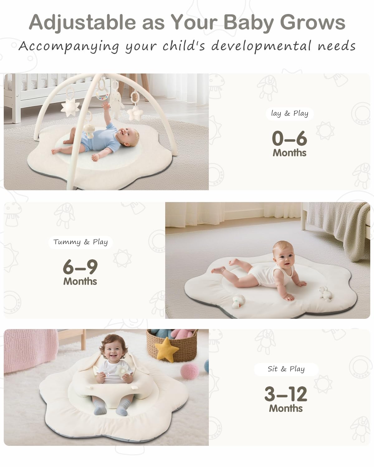 PRVAETU Baby Gym Play Mat, Sitting-up Babies Seats for Infants,with 5 Detachable Toys, Infant Toddler Activity Tummy Time Playmats for Newborn 0-12 Months