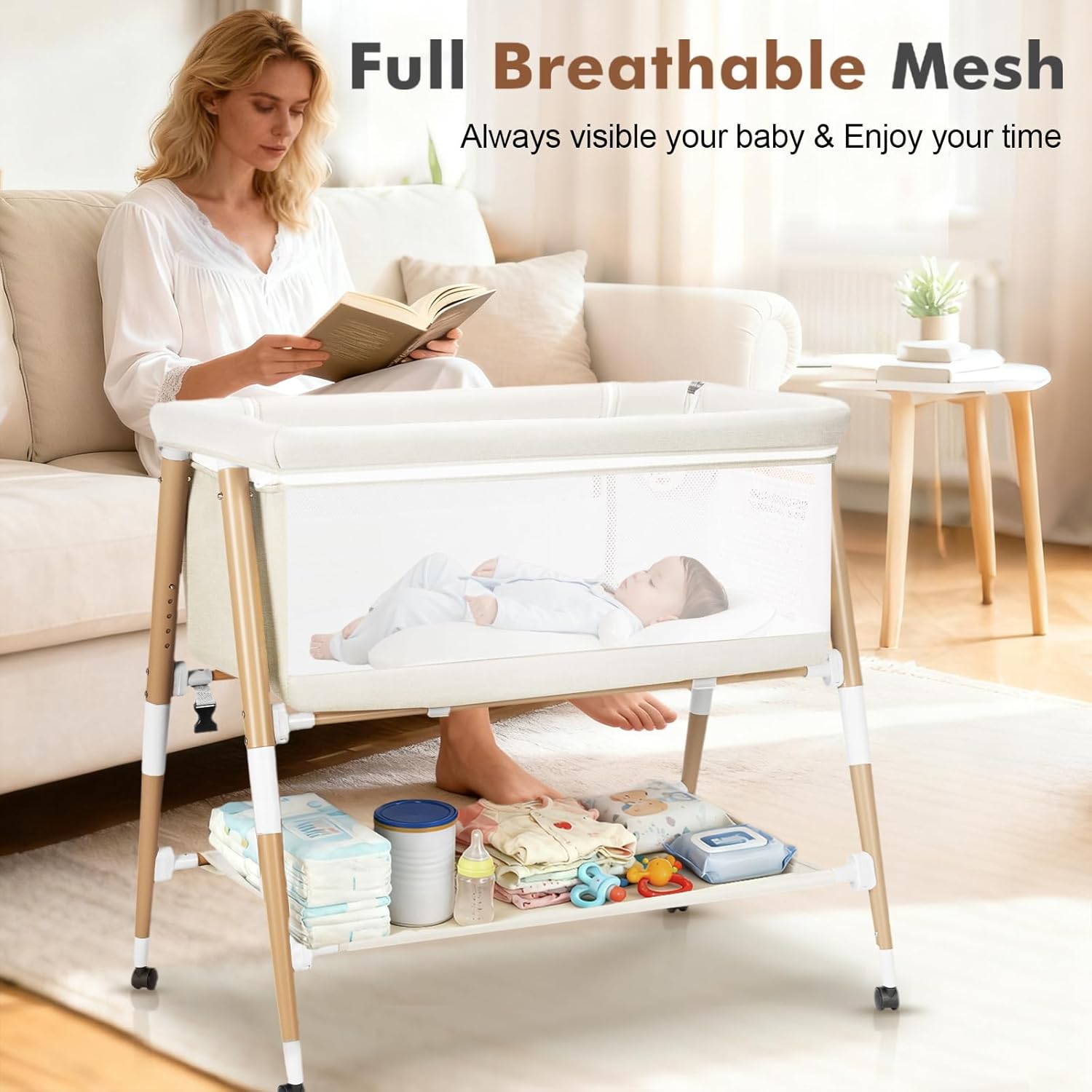 PRVAETU 3 in 1 Bassinet Bedside Sleeper for Baby,Infant Bassinet W/ Music Toy,4 Wheels,Adjustable 5 Height,Mattress,Mosquito Net,Basket,Carry Bag
