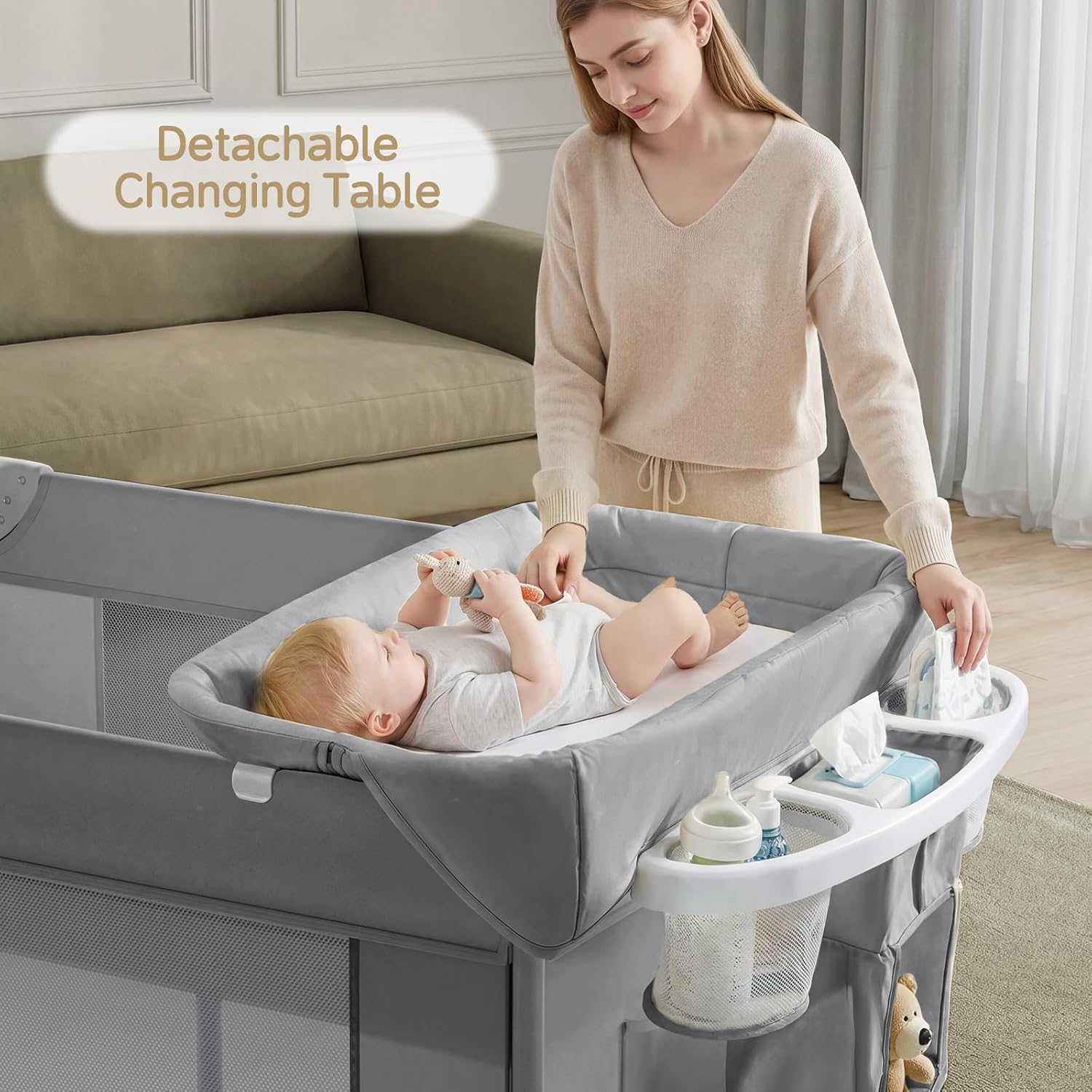 PRVAETU 4 in 1 Baby Bassinet for Baby, Bedside Bassinet & Crib Sleeper with Wheels, Diaper Changer, Mattress, Foldable Design for Newborn to Toddler