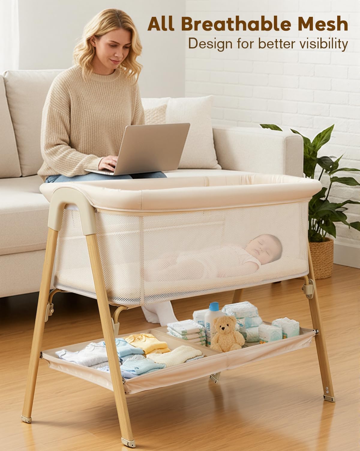 PRVAETU Baby Bassinet, Bedside Bassinet for Baby, Bassinet Bedside Sleeper with Mattress, Storage Basket and 4 Auto-Lock Wheels, Full-Mesh Sides, Bedside Crib for Newborn