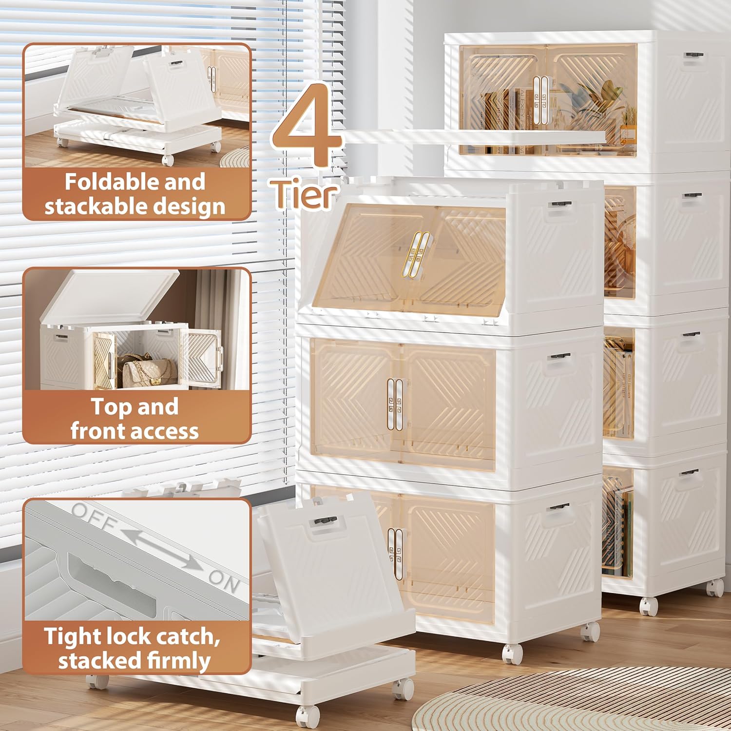 PRVAETU Storage Bins Storage Containers with Wheels and Magnetic Doors, Plastic Clothes Closet Organizers and Storage Box for Home and Office