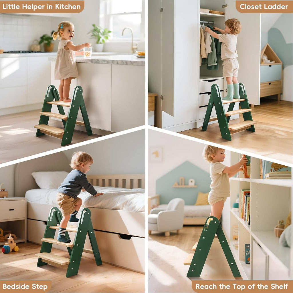 PRVAETU 3 layer Wooden Toddler Step Stool for Bathroom Sink, Foldable Kids Toilet Potty Training Stool with Handles, Child Kitchen Counter Tower Helper