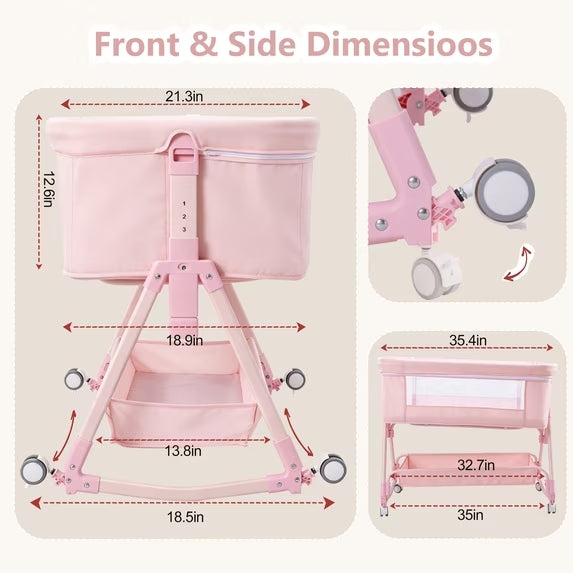 PRVAETU Baby Bassinet, 3-in-1 Baby Bassinet Bedside Sleeper with Wheels, Adjustable Easy Folding Portable Rocking Crib for Infant Newborn (Khaki)