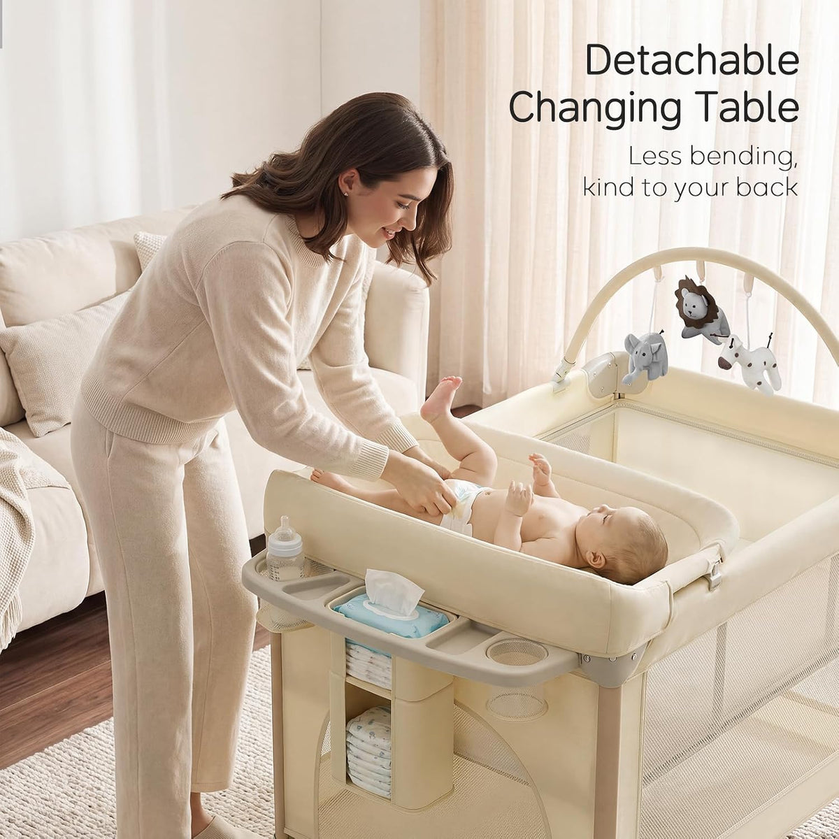 PRVAETU 4 in 1 Baby Playard with Changing Table & Mattress & 4 Movable Wheels & Toy Bar & Storage Bag, Bedside Bassinet Sleeper for Newborn