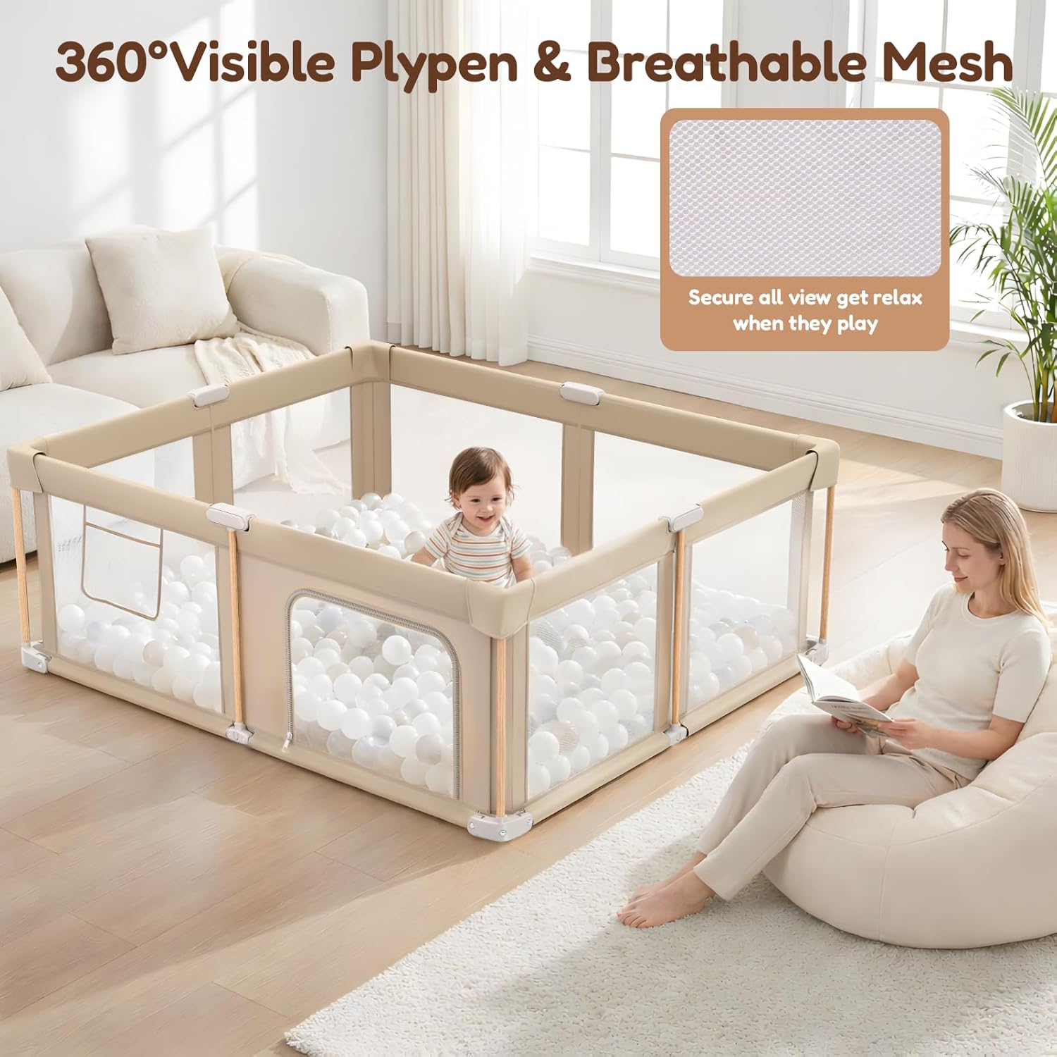 PRVAETU Foldable Baby Playpen with Mat, Play Yard Fence for Babies Boys Girls Toddlers, Large Playard W/ 300D Fabric for Infant and Kids