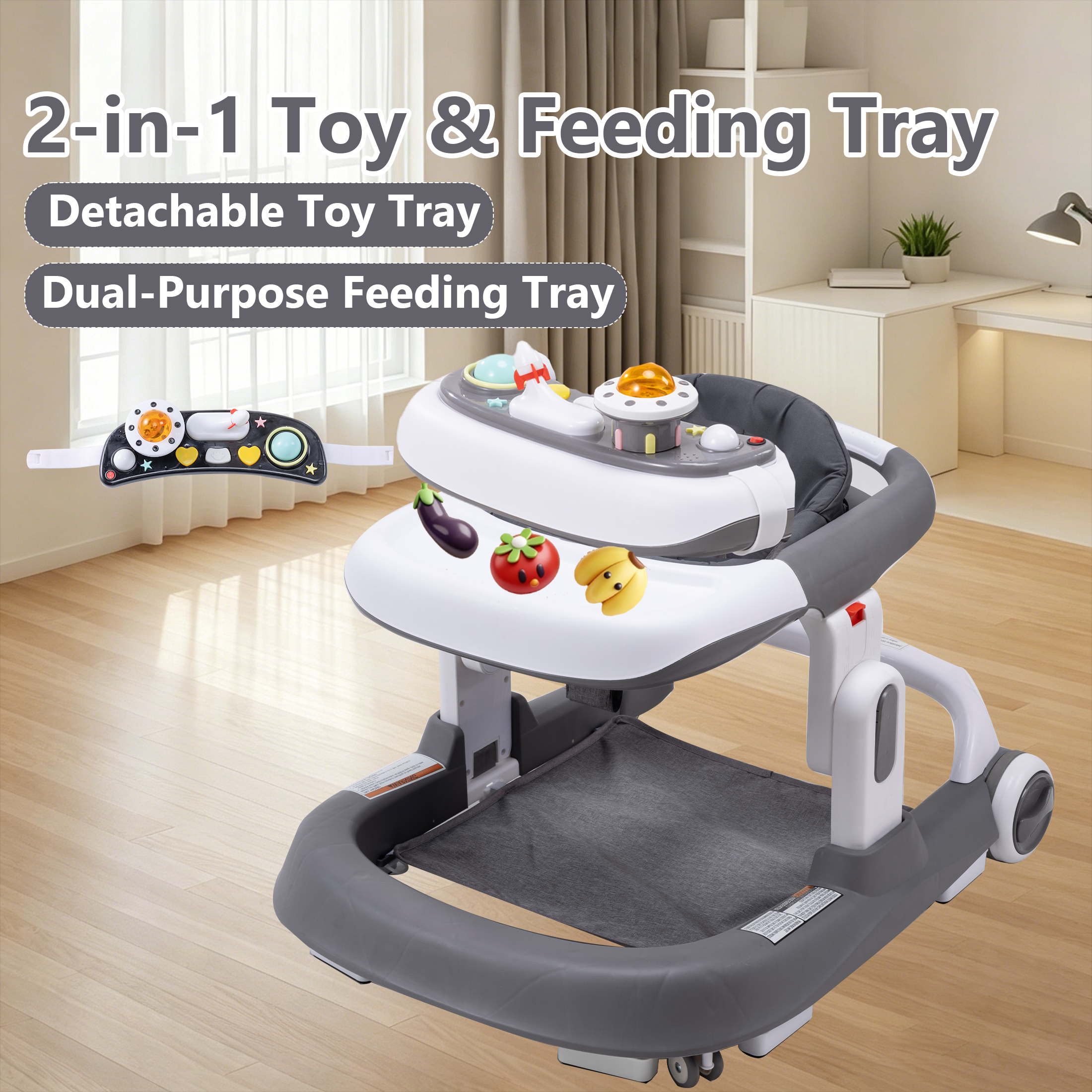 PRVAETU 4-in-1 Baby Walker with Wheels, Adjustable Height, Music and Light for Girls Boys Infant 6-18 Months