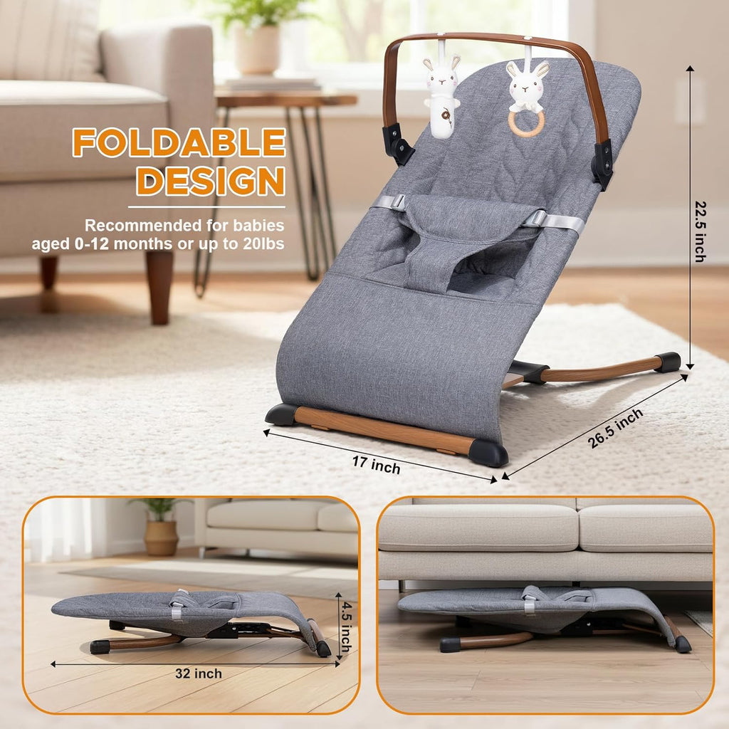 PRVAETU 3 in 1 Baby Bouncer (Sit, Play & Relax),3 Recline Positions,Foldable Baby Rocker Chair W/ Removable Wooden Bar for 0-12 Months Infant & Toddler